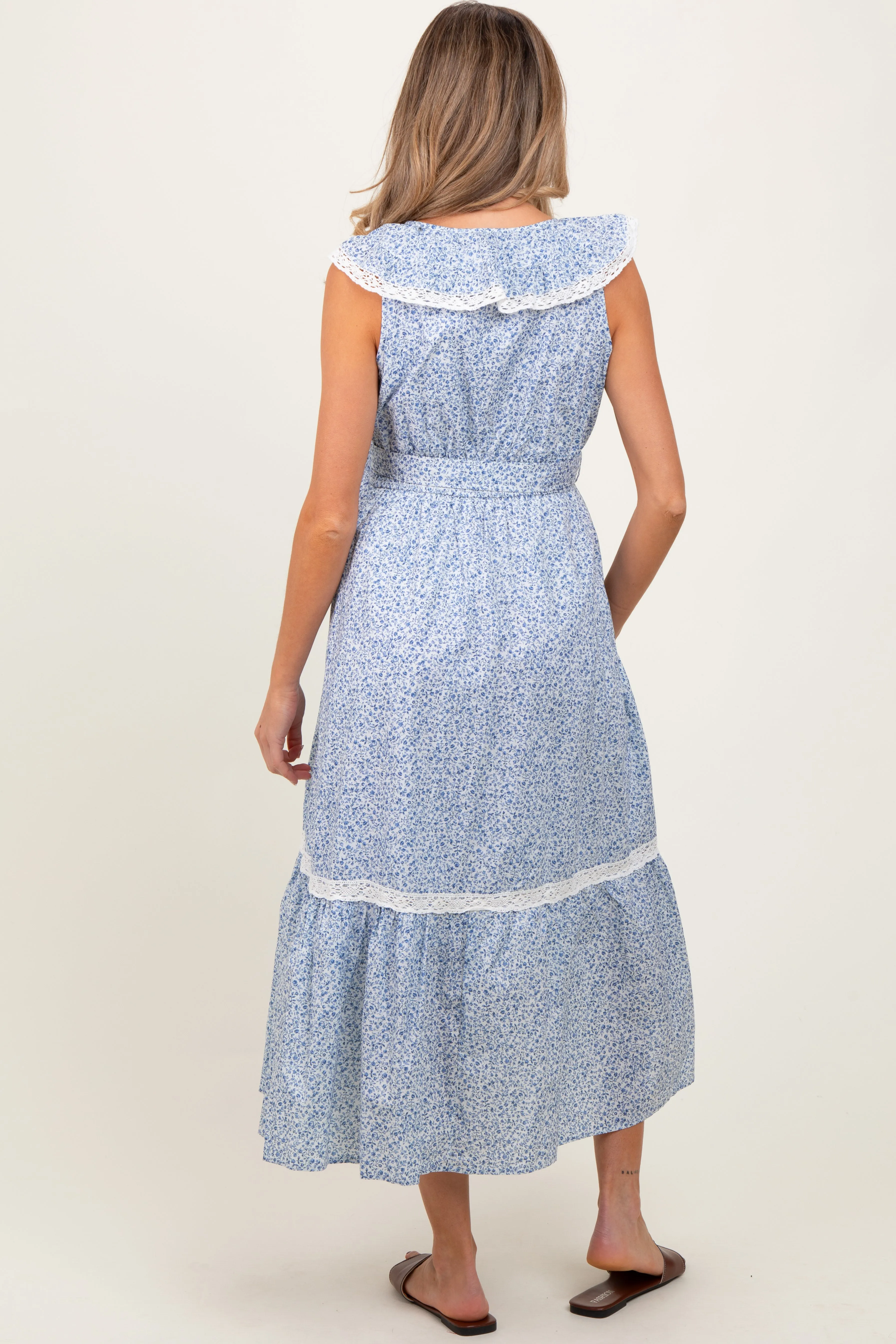 Light Blue Ruffled Floral Cotton Maternity Maxi Dress sold by Pinkblush product image thumbnail 3