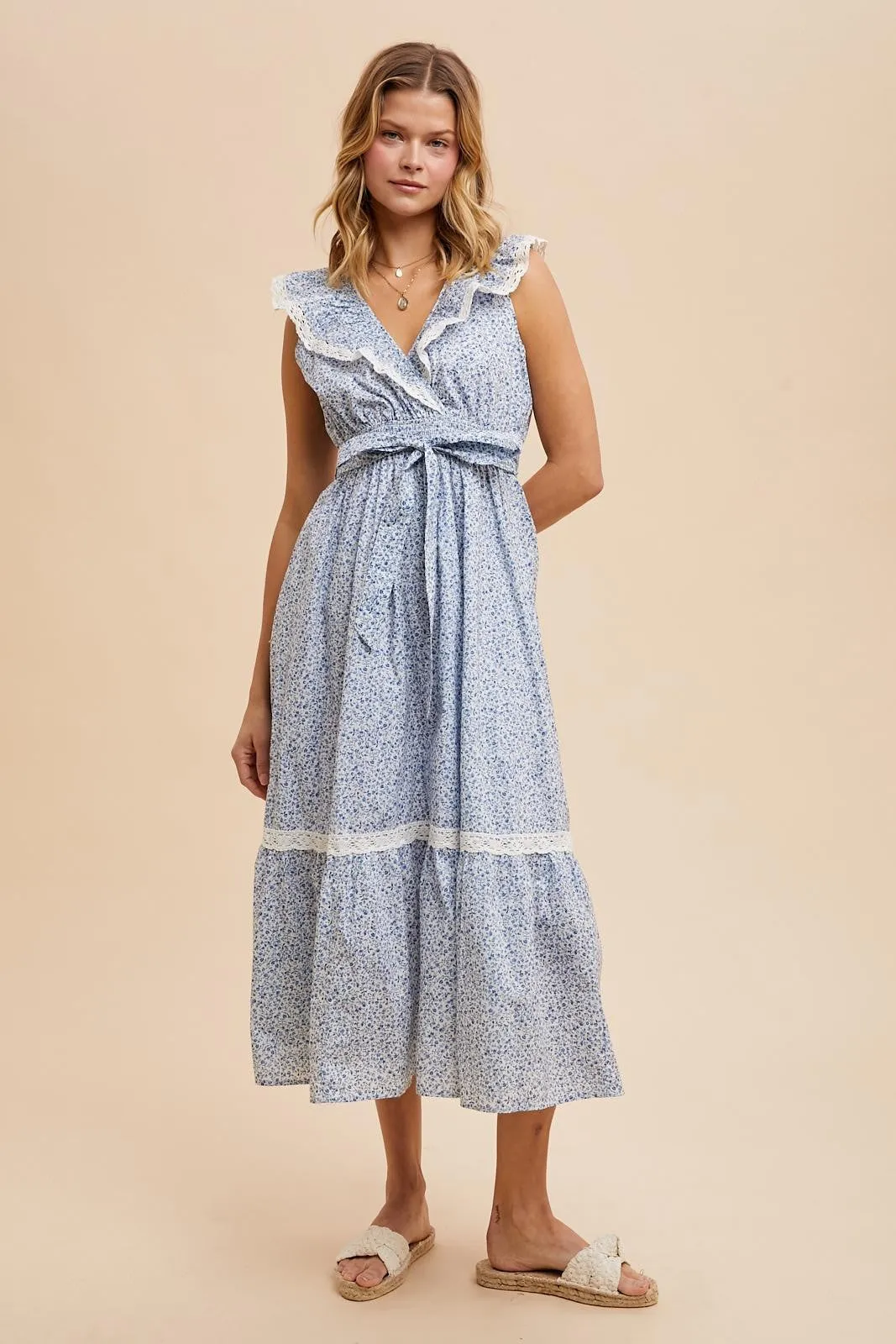 Light Blue Ruffled Floral Cotton Maternity Maxi Dress sold by Pinkblush product image thumbnail 4