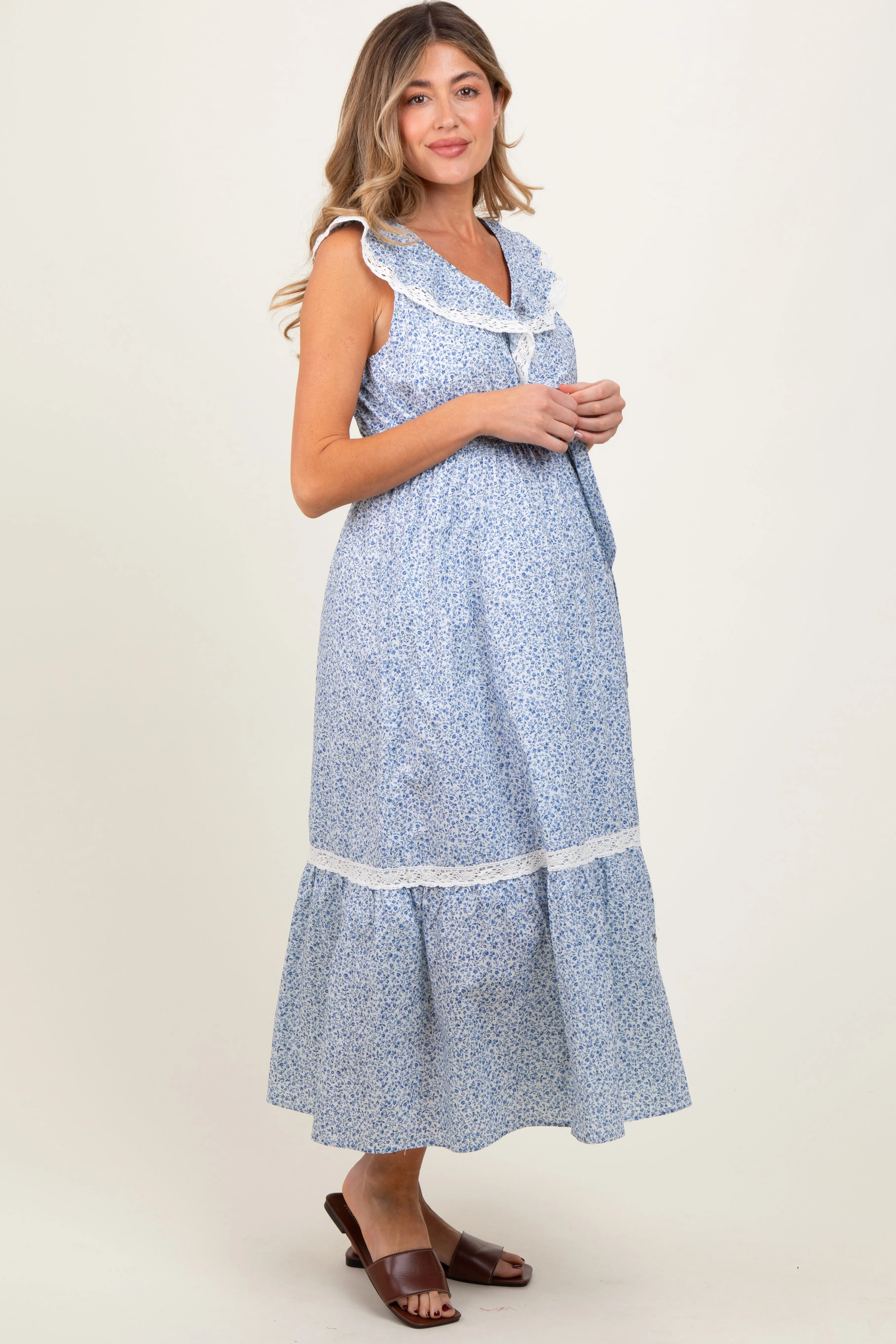 Light Blue Ruffled Floral Cotton Maternity Maxi Dress sold by Pinkblush product image thumbnail 2