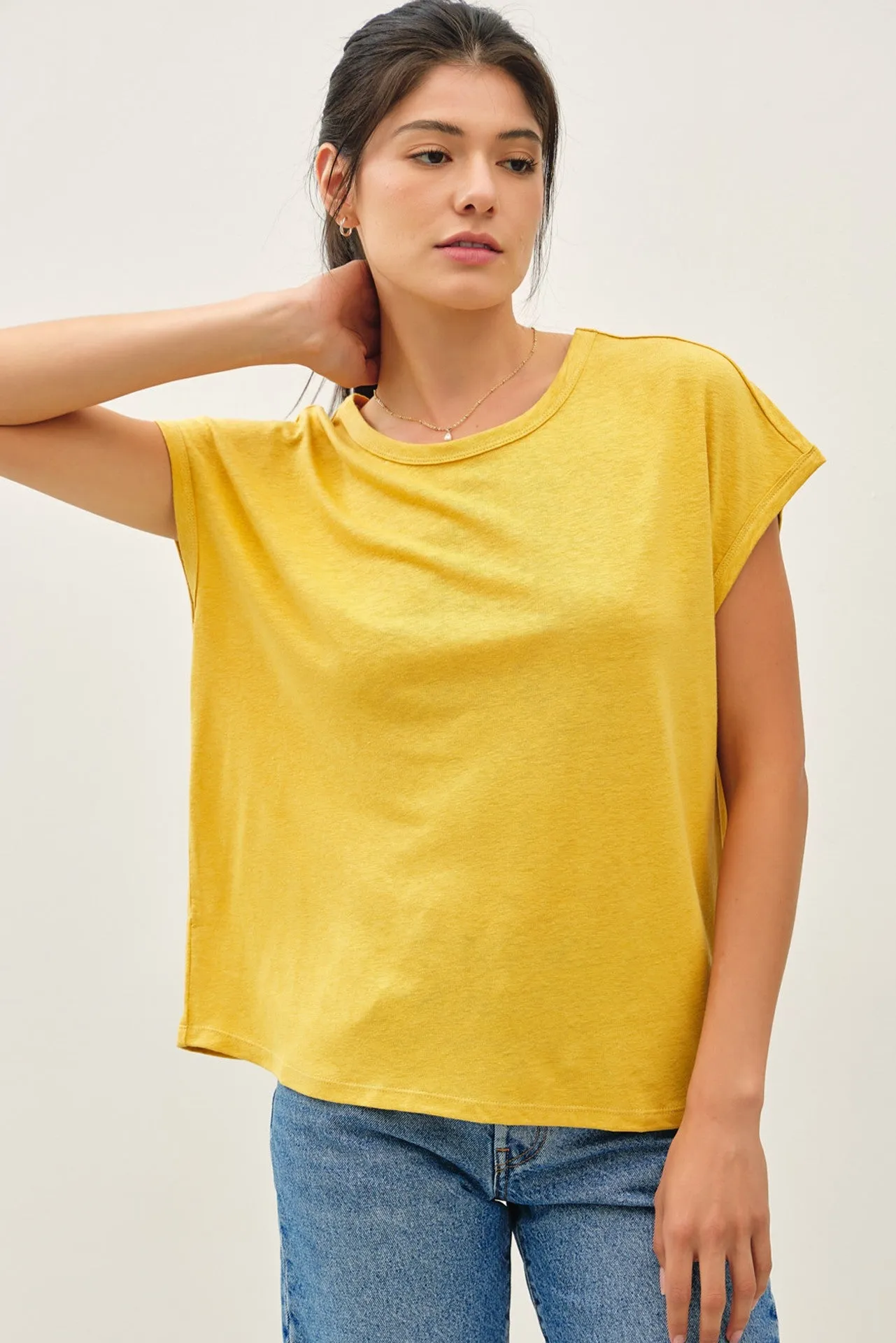Yellow Linen Blend Short Sleeve Tee sold by Pinkblush