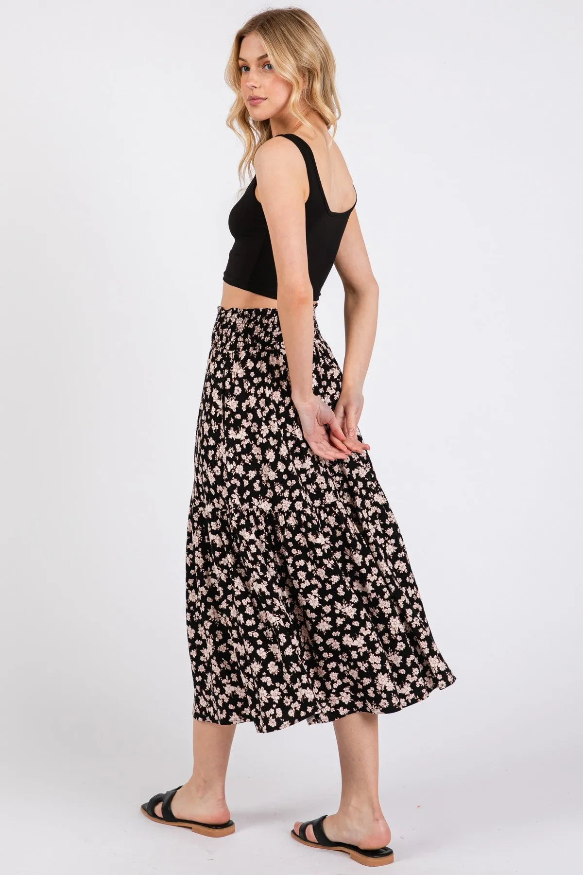 Black Floral Tiered Midi Skirt sold by Pinkblush product image thumbnail 3