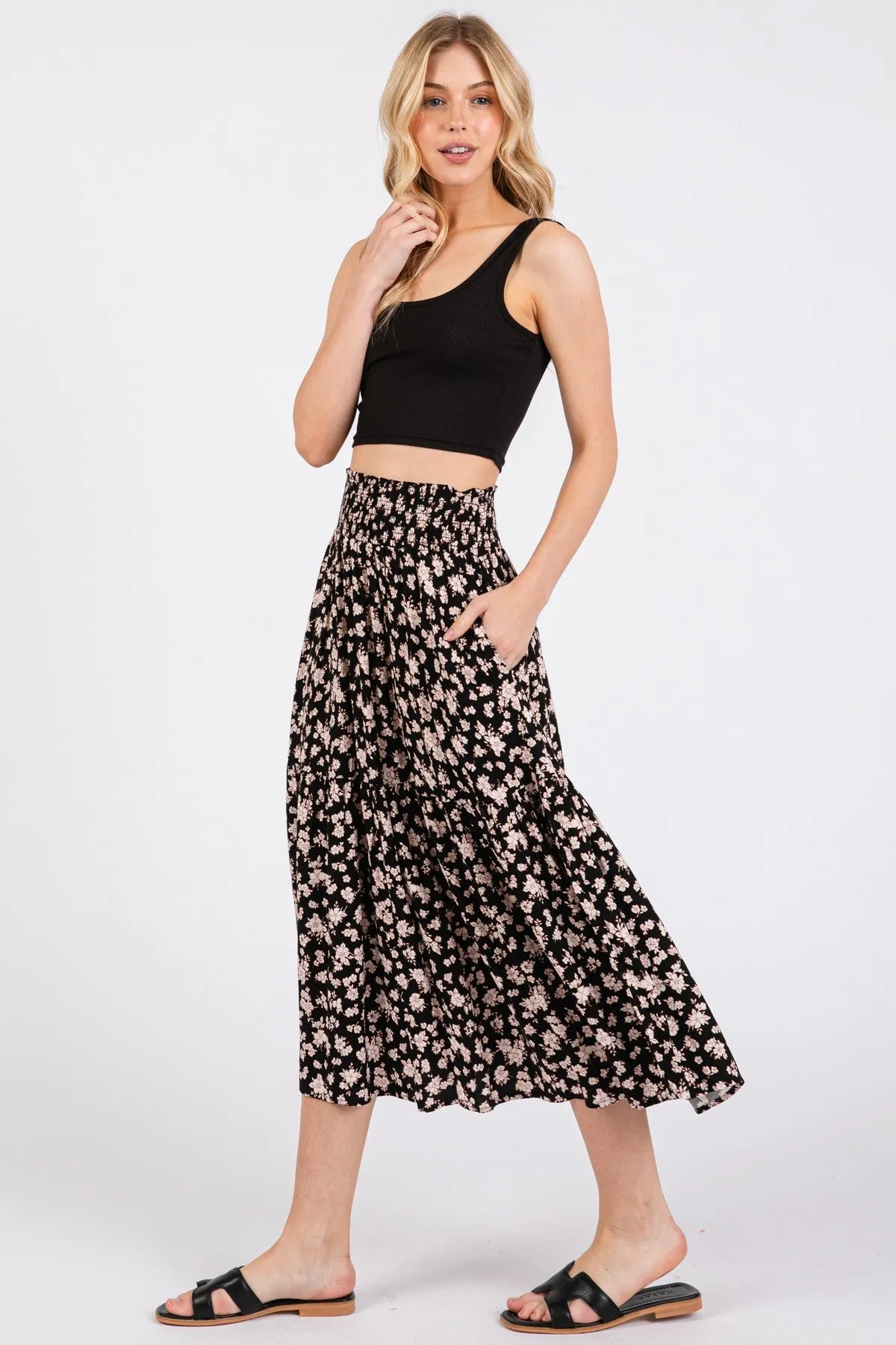 Black Floral Tiered Midi Skirt sold by Pinkblush product image thumbnail 4