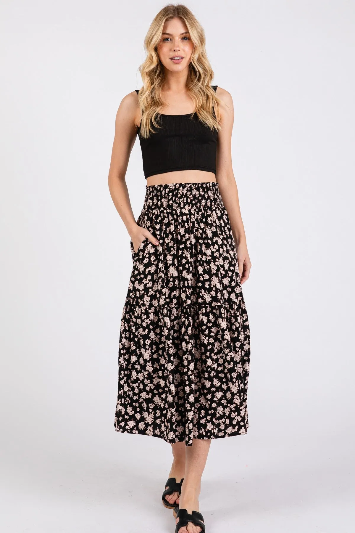 Black Floral Tiered Midi Skirt sold by Pinkblush