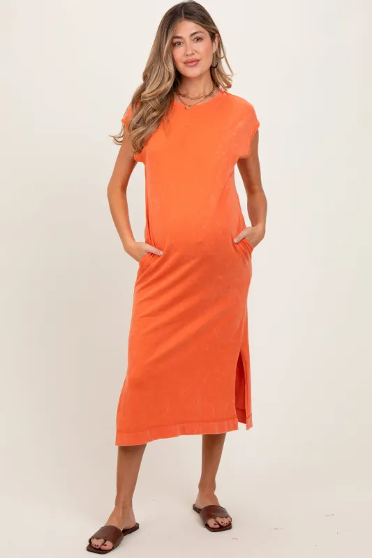 Orange Casual Sleeveless Pocketed Maternity Midi Dress sold by Pinkblush