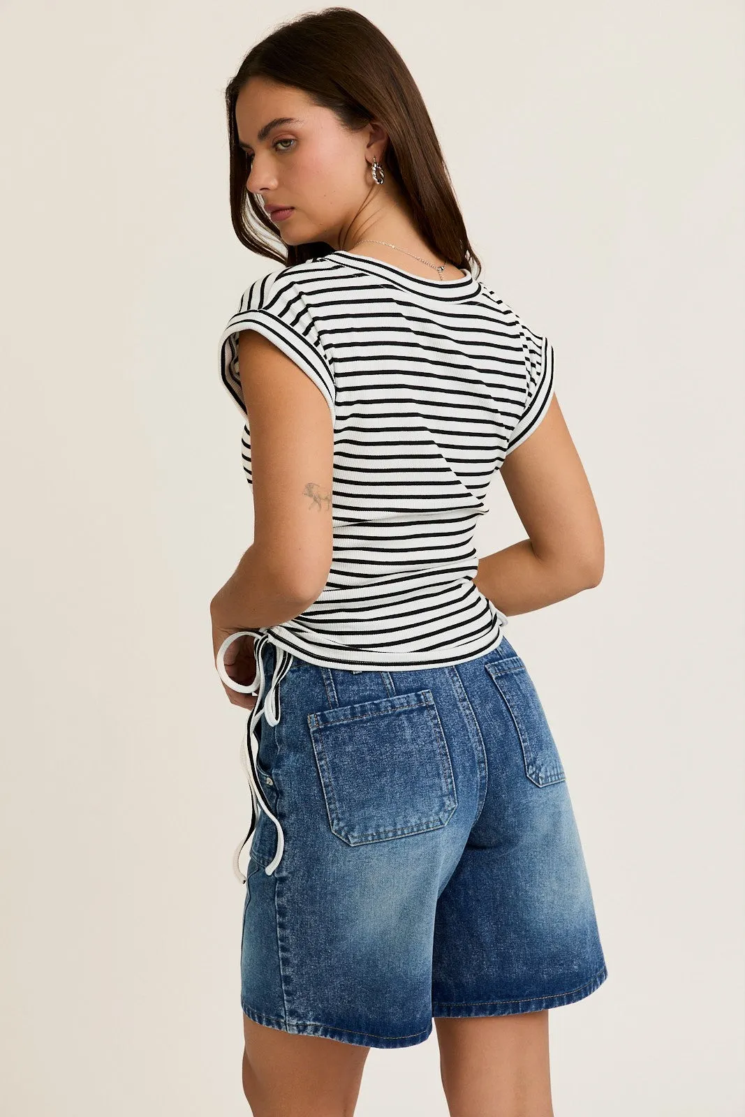 White Striped Ruched Side Tie Top sold by Pinkblush product image thumbnail 3