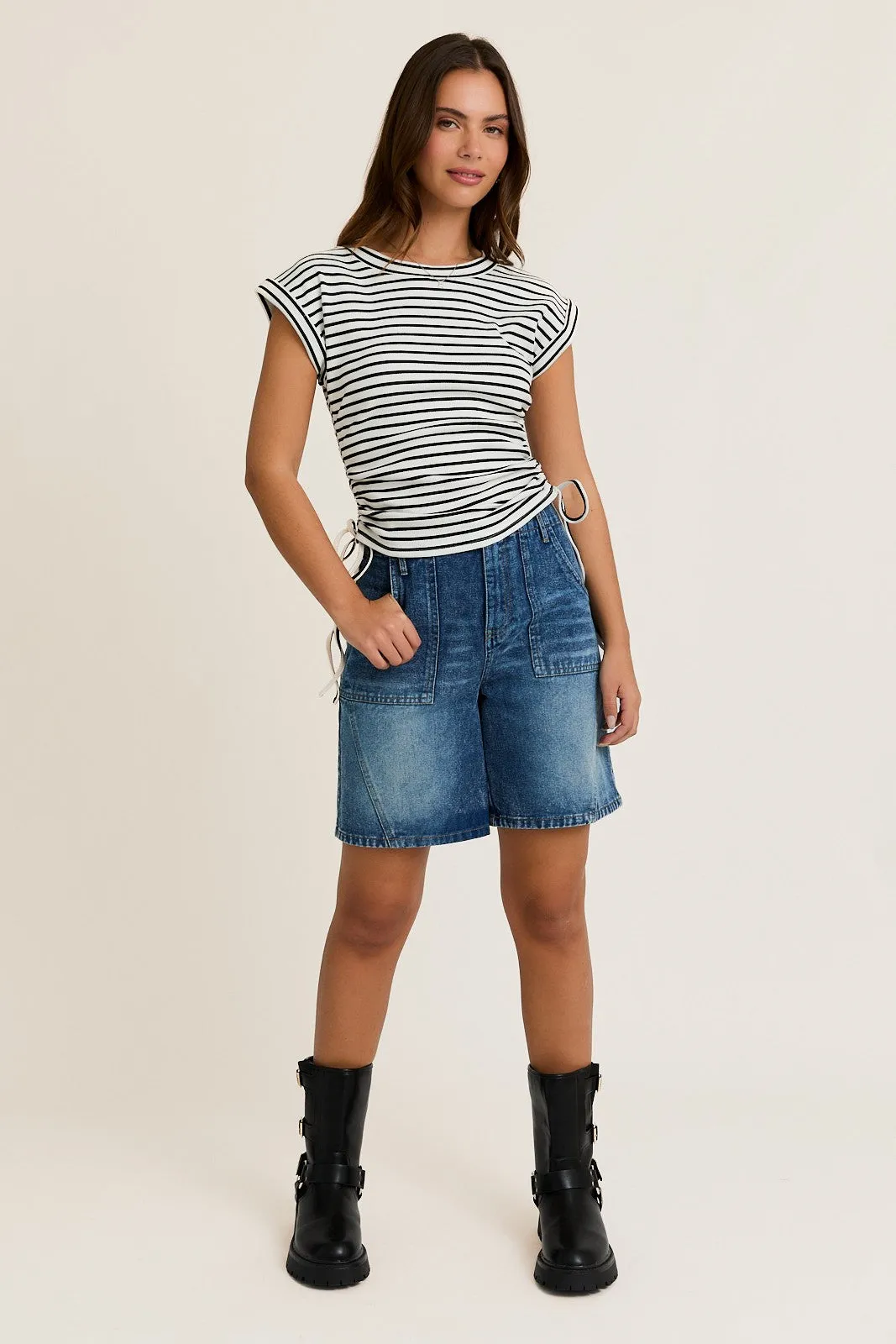 White Striped Ruched Side Tie Top sold by Pinkblush product image thumbnail 4