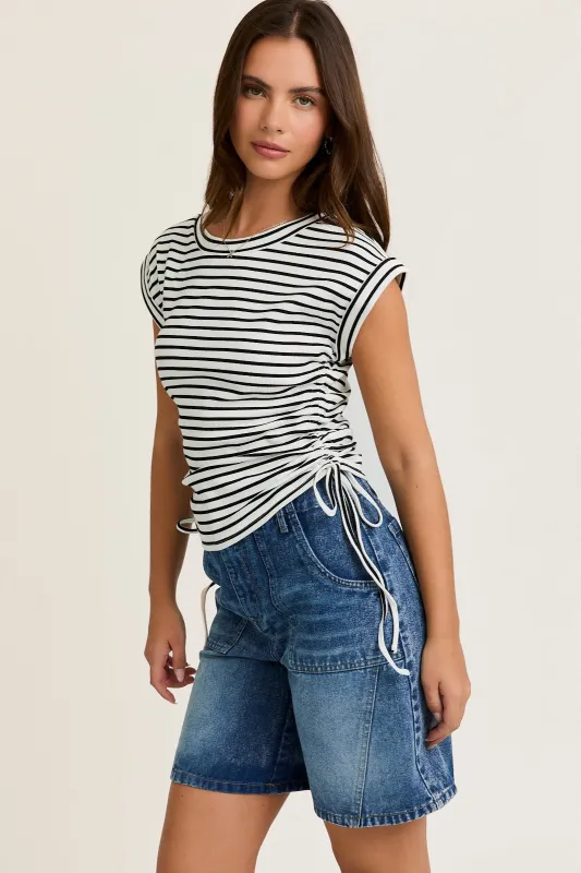 White Striped Ruched Side Tie Top sold by Pinkblush