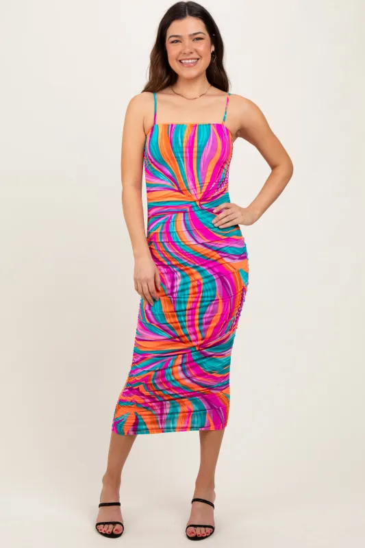 Multicolor Abstract Print Ruched Fitted Midi Dress sold by Pinkblush