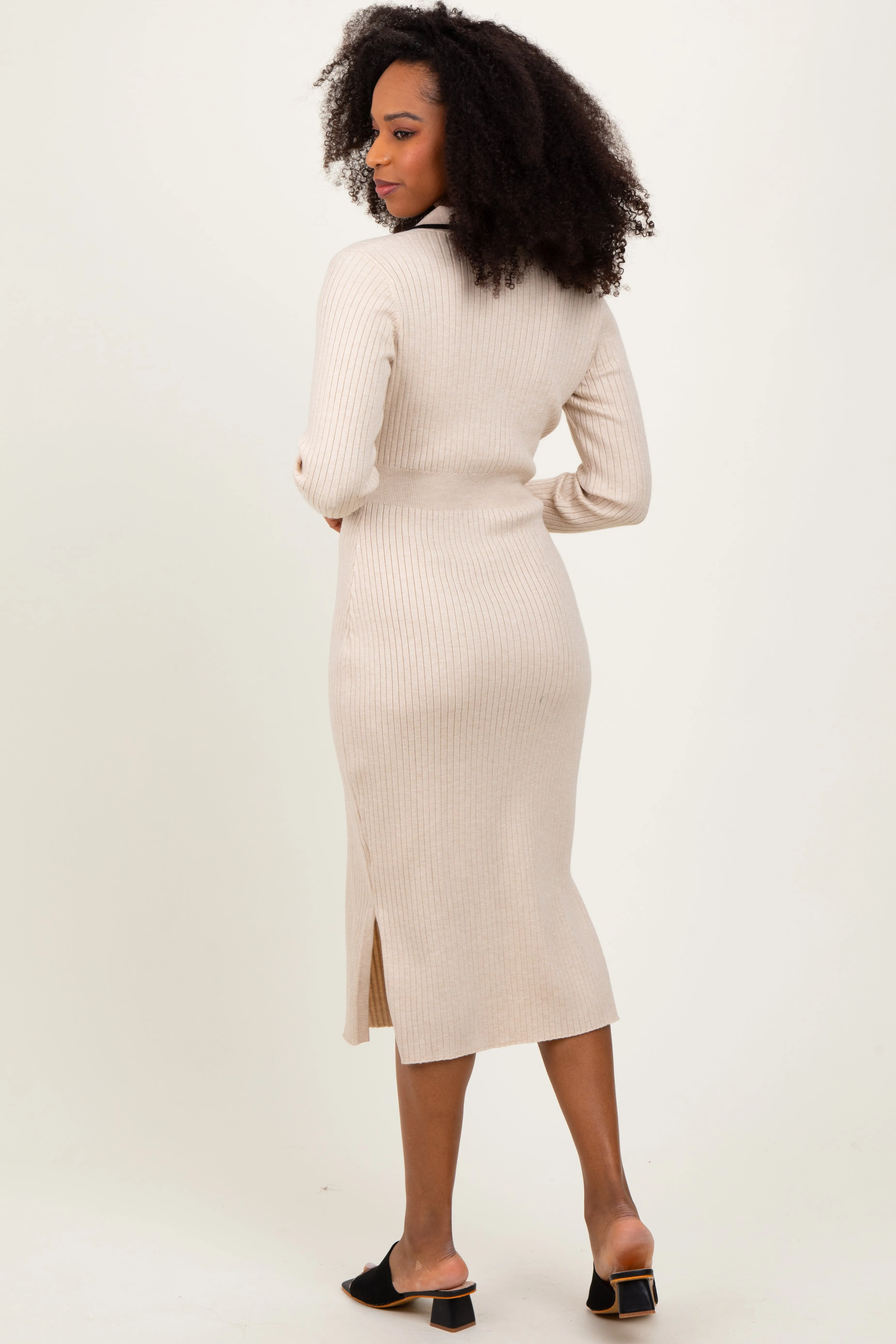 Beige White Trim Collared Fitted Dress sold by Pinkblush product image thumbnail 4