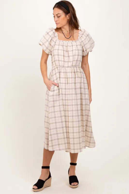 Ivory Plaid Square Neck Maternity Midi Dress sold by Pinkblush