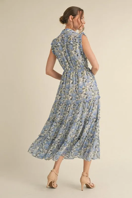 Blue Floral Print Chiffon Tiered Maxi Dress sold by Pinkblush product image thumbnail 3