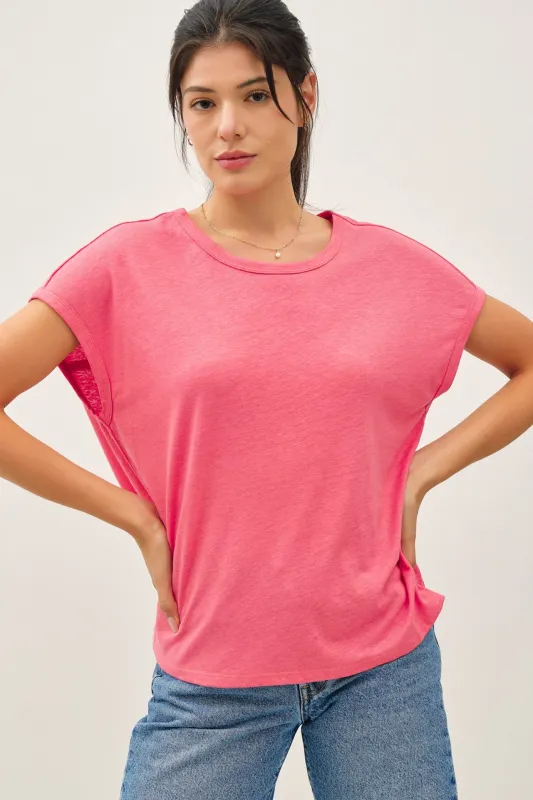 Fuchsia Linen Blend Short Sleeve Tee sold by Pinkblush