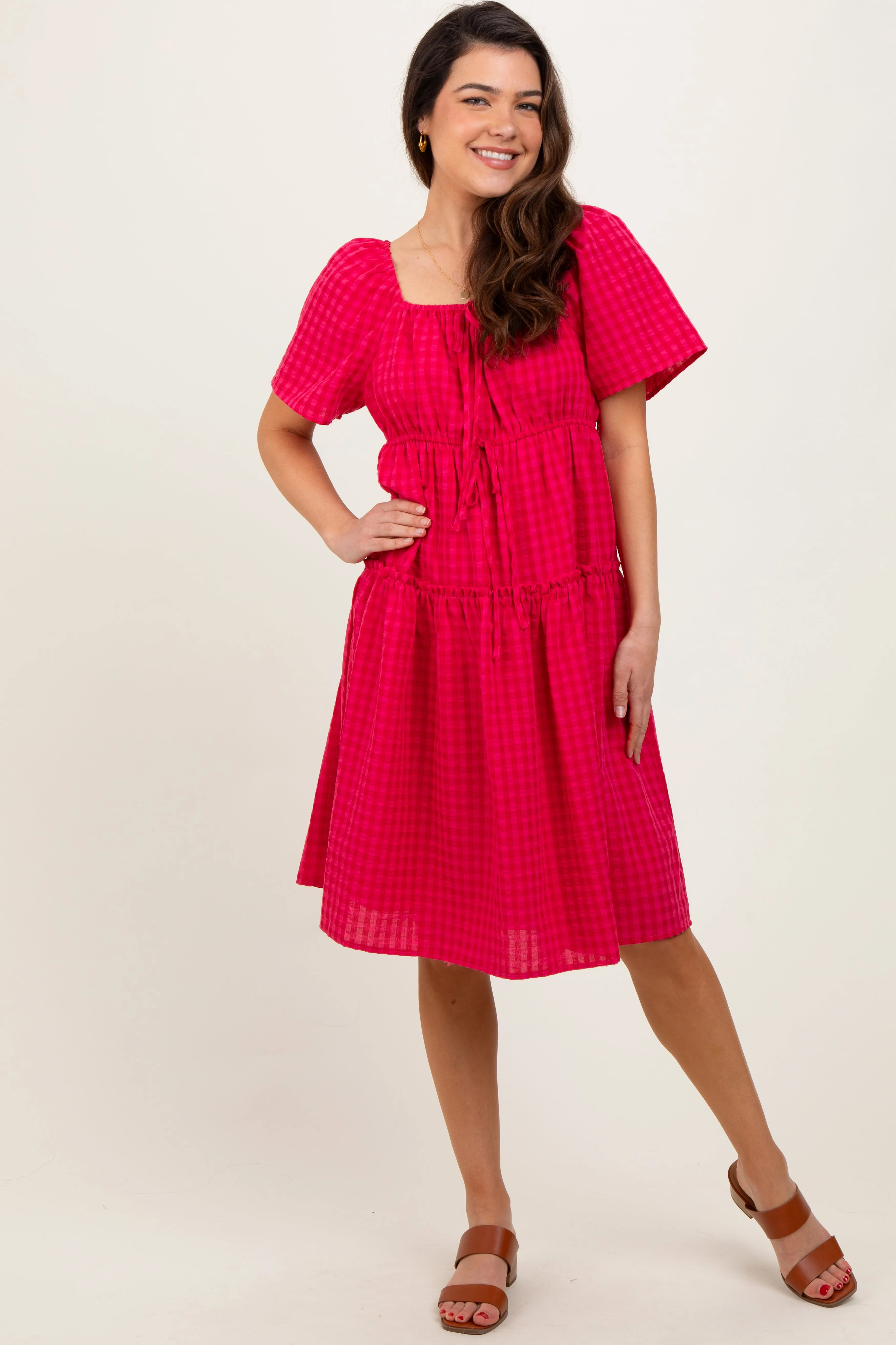 Fuchsia Gingham Short Sleeve Tiered Dress sold by Pinkblush product image thumbnail 2