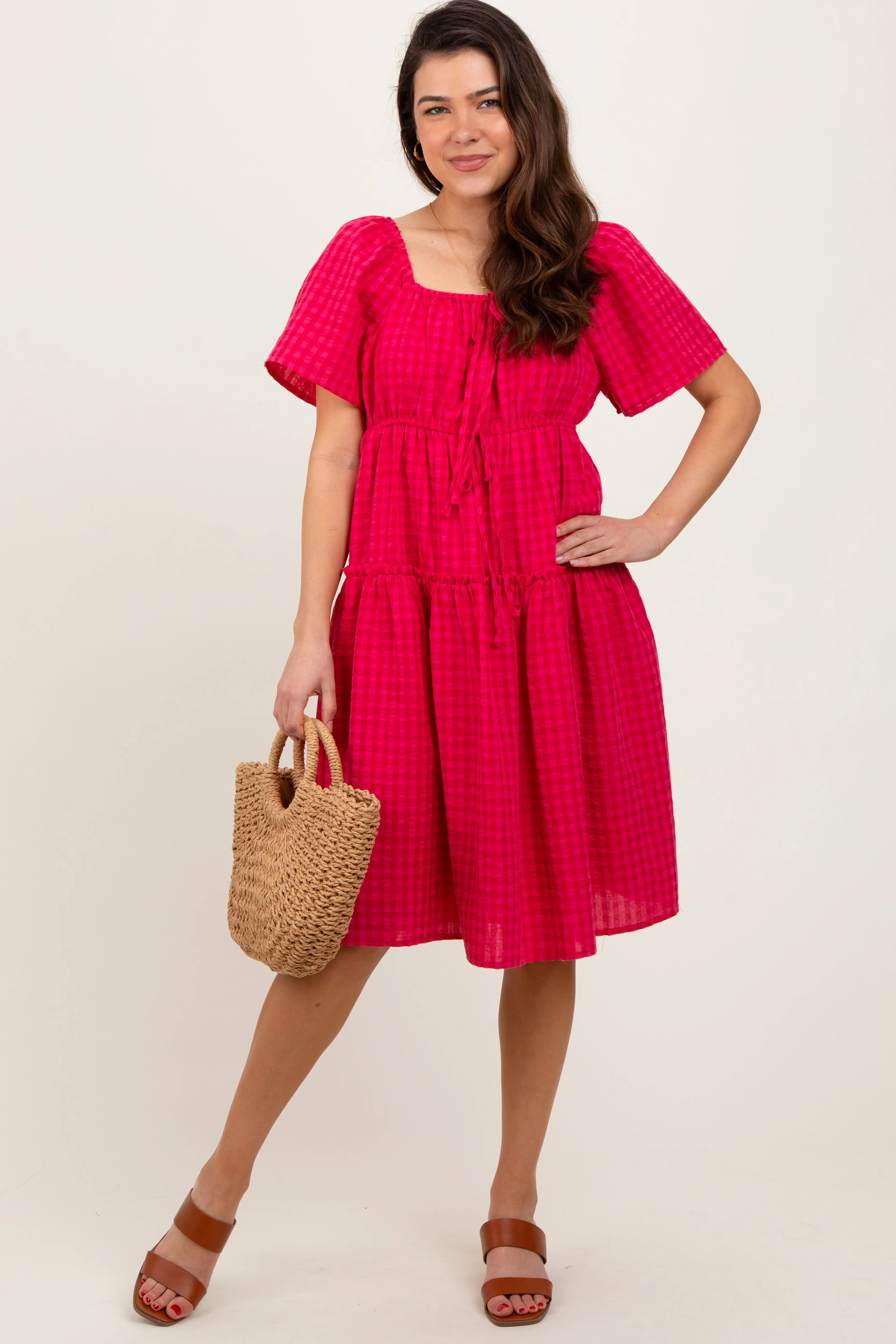 Fuchsia Gingham Short Sleeve Tiered Dress sold by Pinkblush