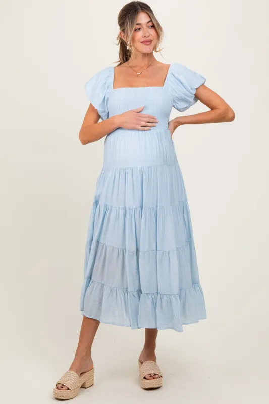 Light Blue Smocked Puff Sleeve Tiered Maternity Maxi Dress sold by Pinkblush