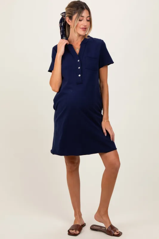 Navy Unfinished Seam Short Sleeve Maternity Mini Dress sold by Pinkblush