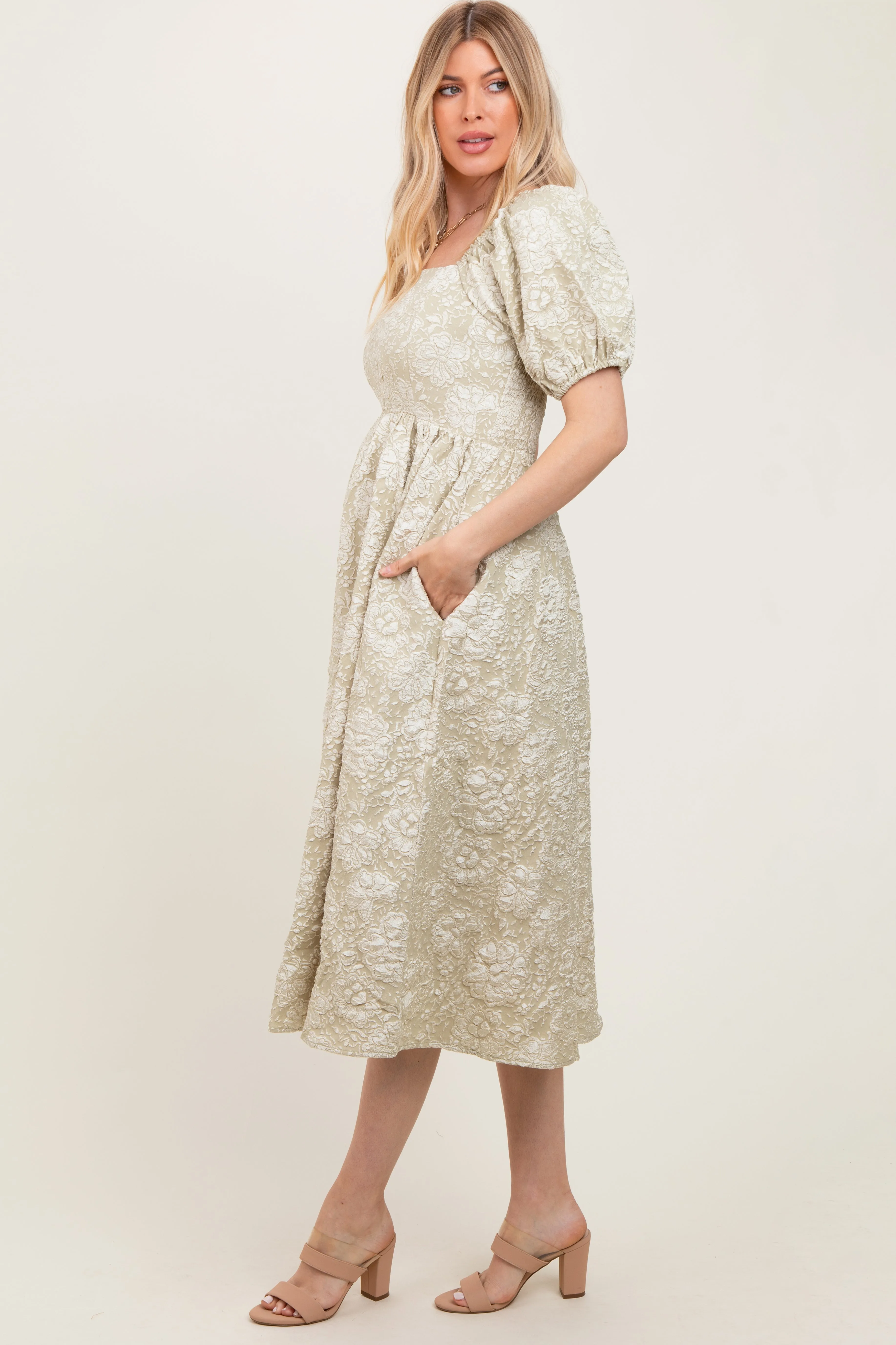 Light Olive Floral Jacquard Knit Puff Sleeves Midi Dress sold by Pinkblush product image thumbnail 2