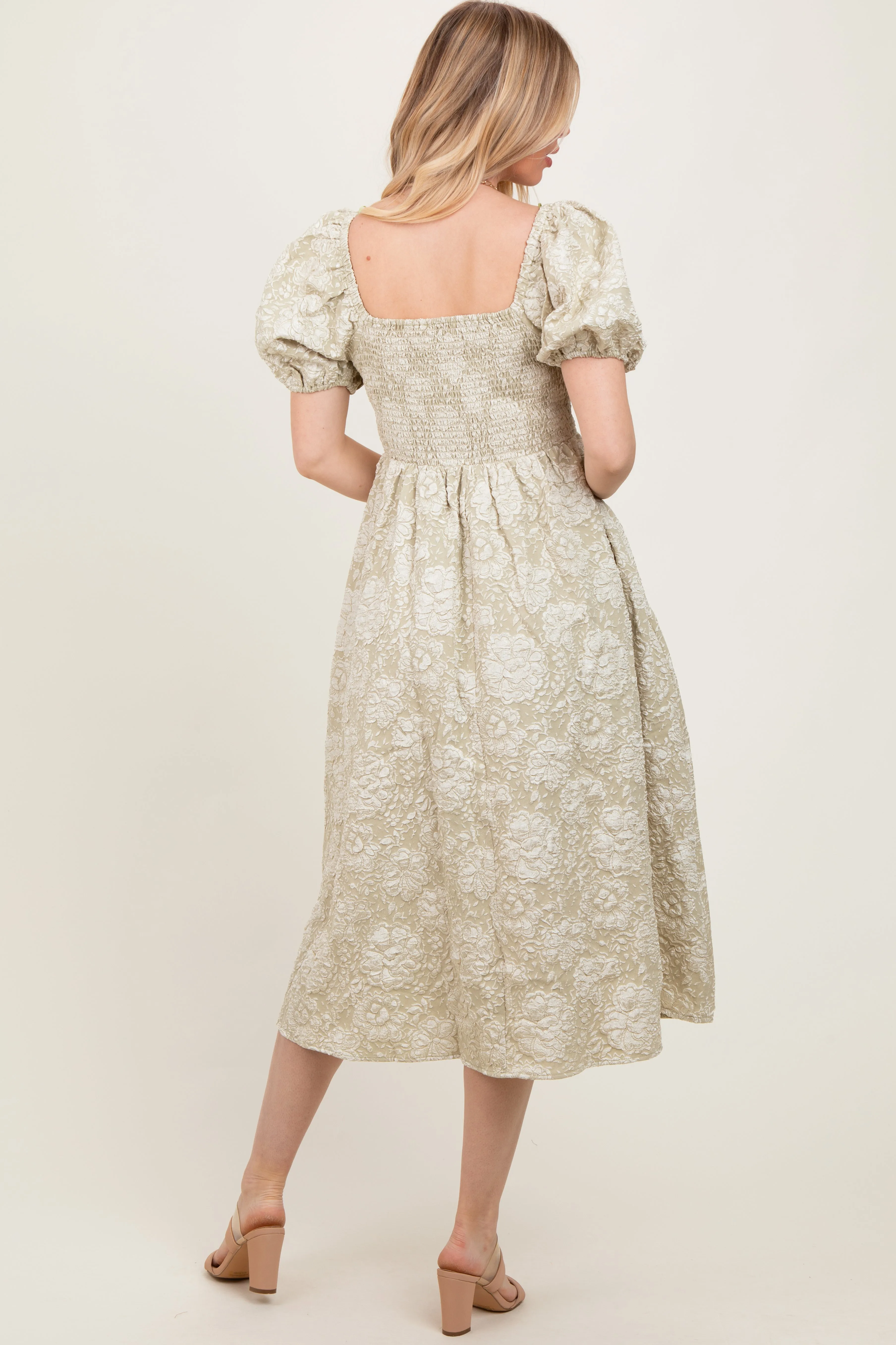 Light Olive Floral Jacquard Knit Puff Sleeves Midi Dress sold by Pinkblush product image thumbnail 3