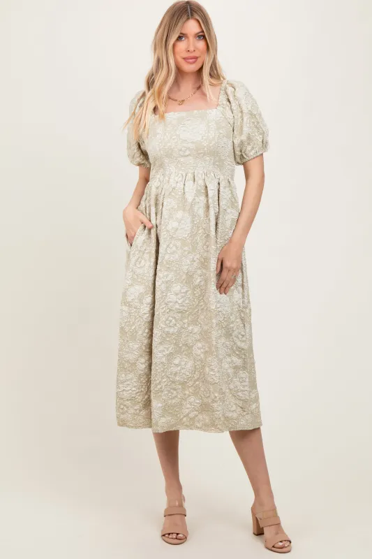 Light Olive Floral Jacquard Knit Puff Sleeves Midi Dress sold by Pinkblush