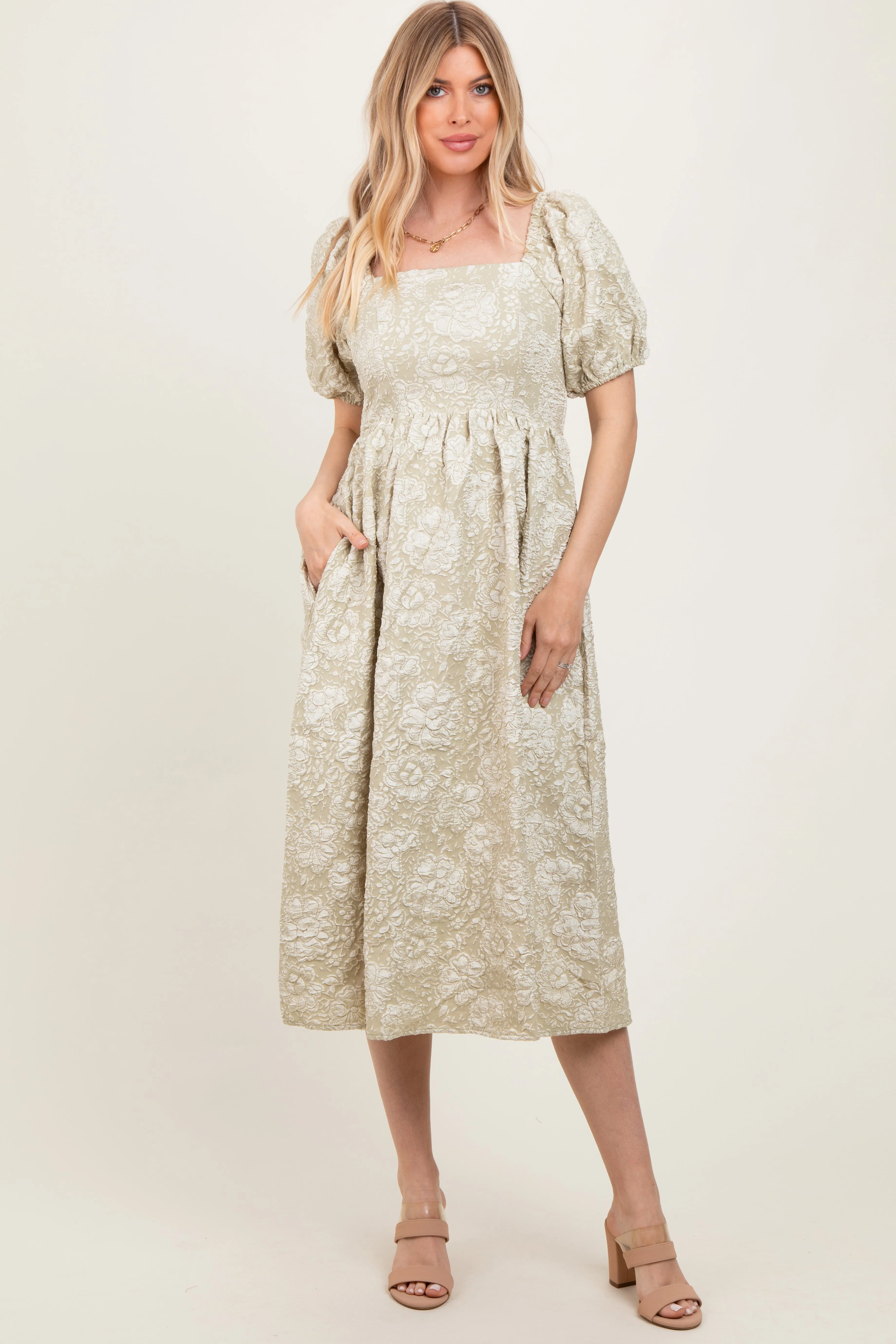 Light Olive Floral Jacquard Knit Puff Sleeves Midi Dress sold by Pinkblush