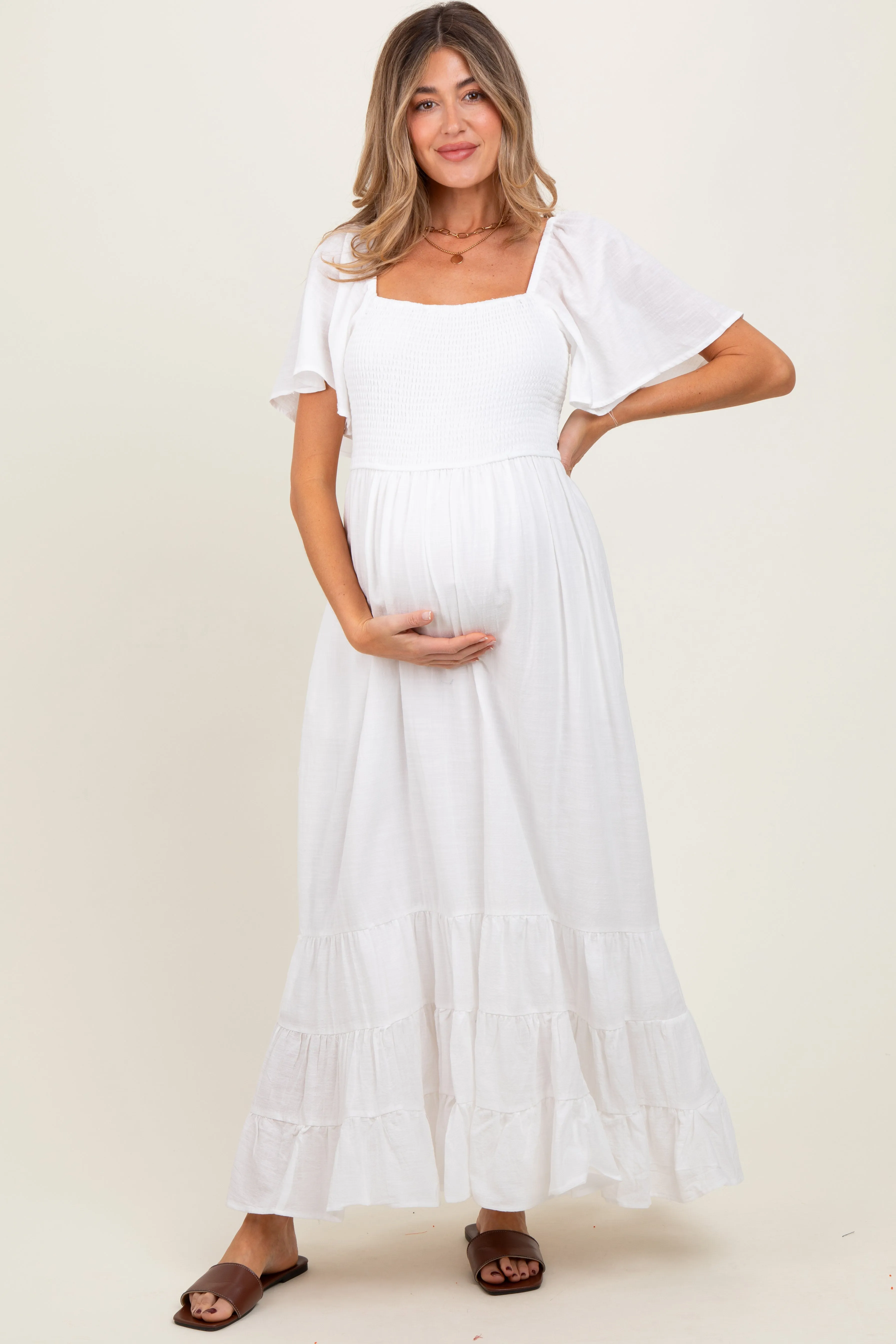 Ivory Smocked Cotton Flutter Sleeve Maternity Maxi Dress sold by Pinkblush