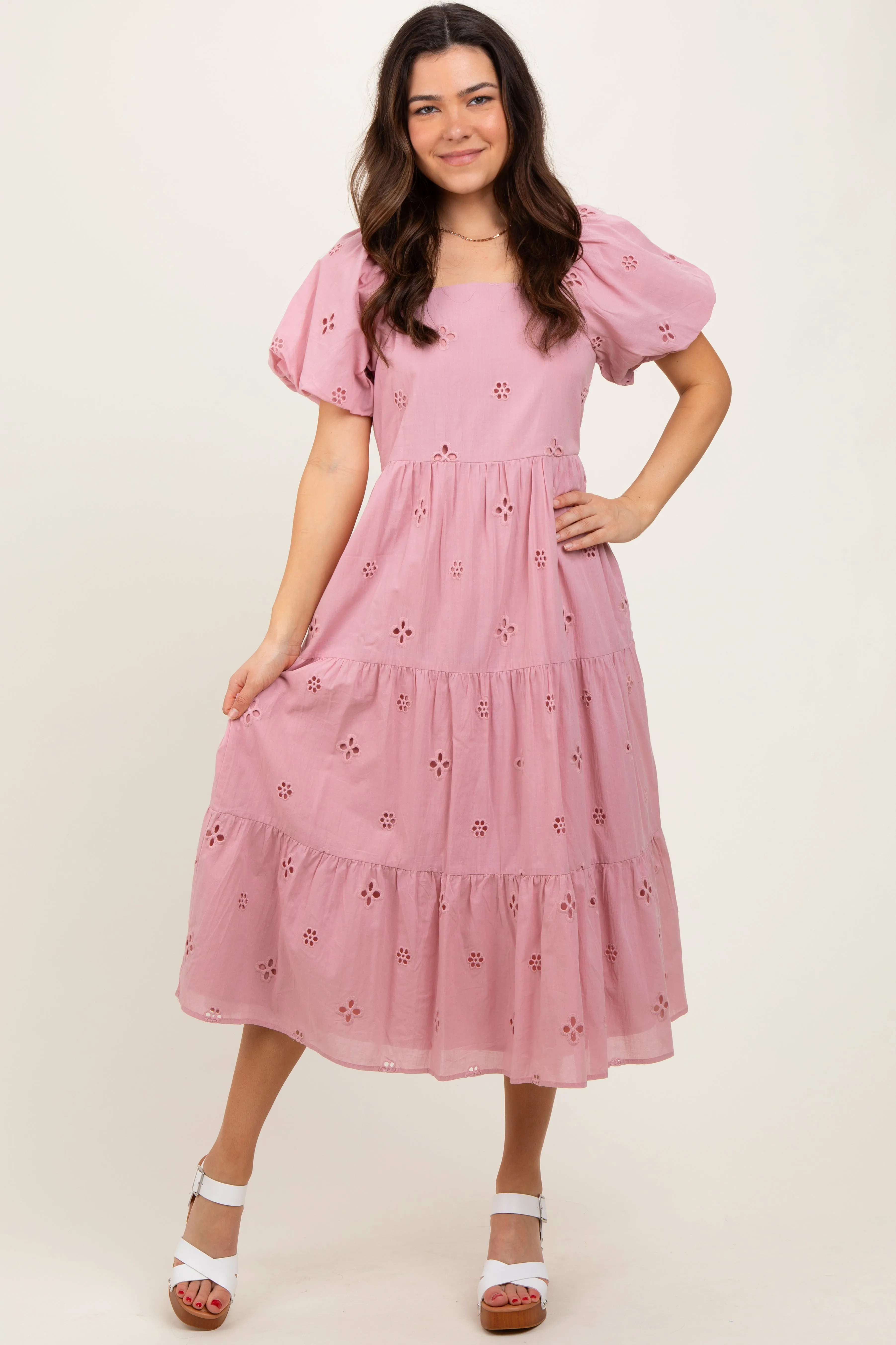 Pink Eyelet Square Neck Midi Dress sold by Pinkblush product image thumbnail 2