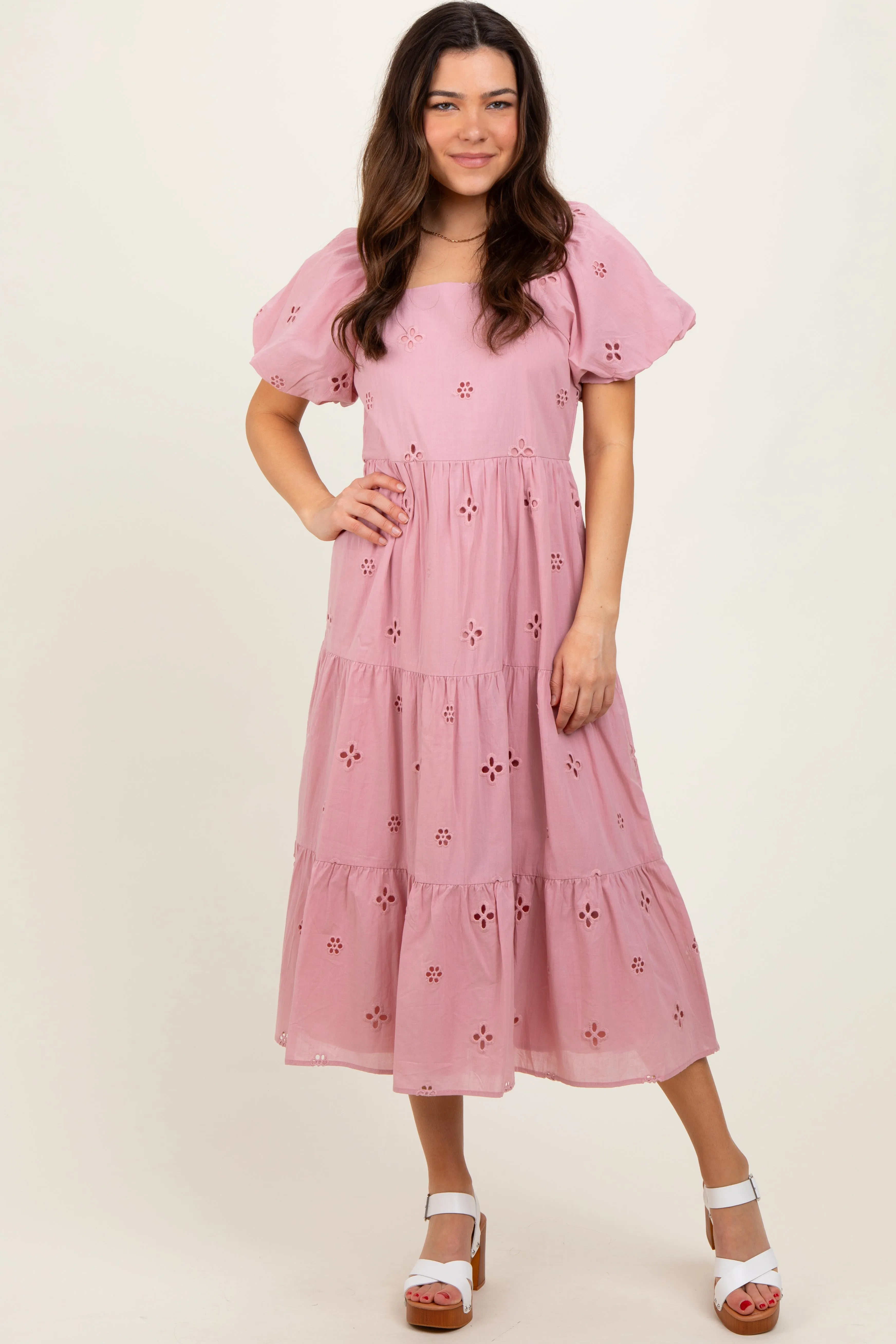 Pink Eyelet Square Neck Midi Dress sold by Pinkblush