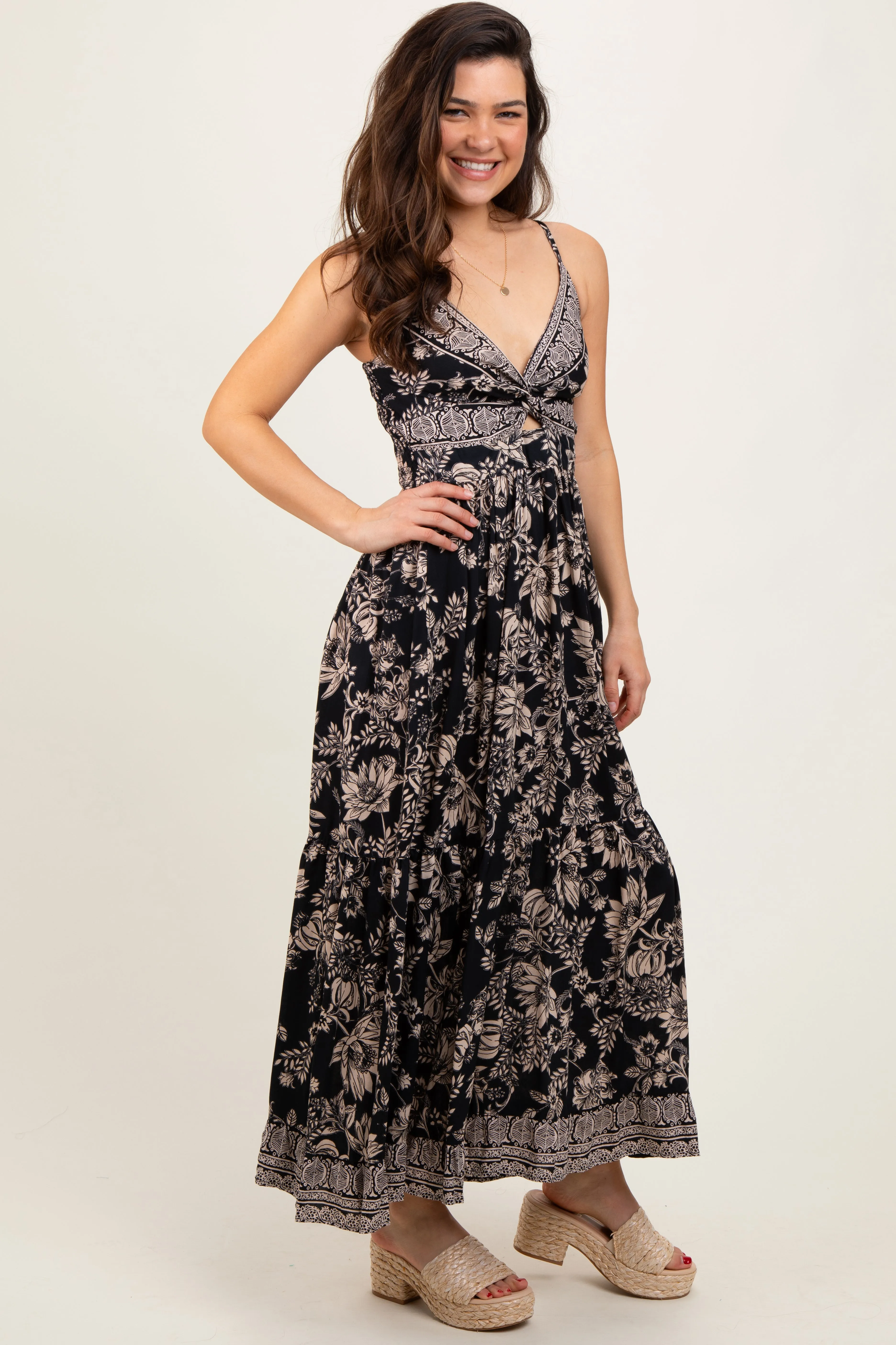 Black Floral Twist Front Cut Out Maxi Dress sold by Pinkblush product image thumbnail 3