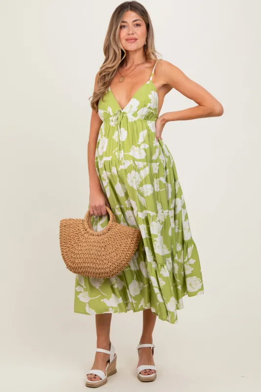 Lime Floral Front Tie Tiered Maternity Midi Dress sold by Pinkblush
