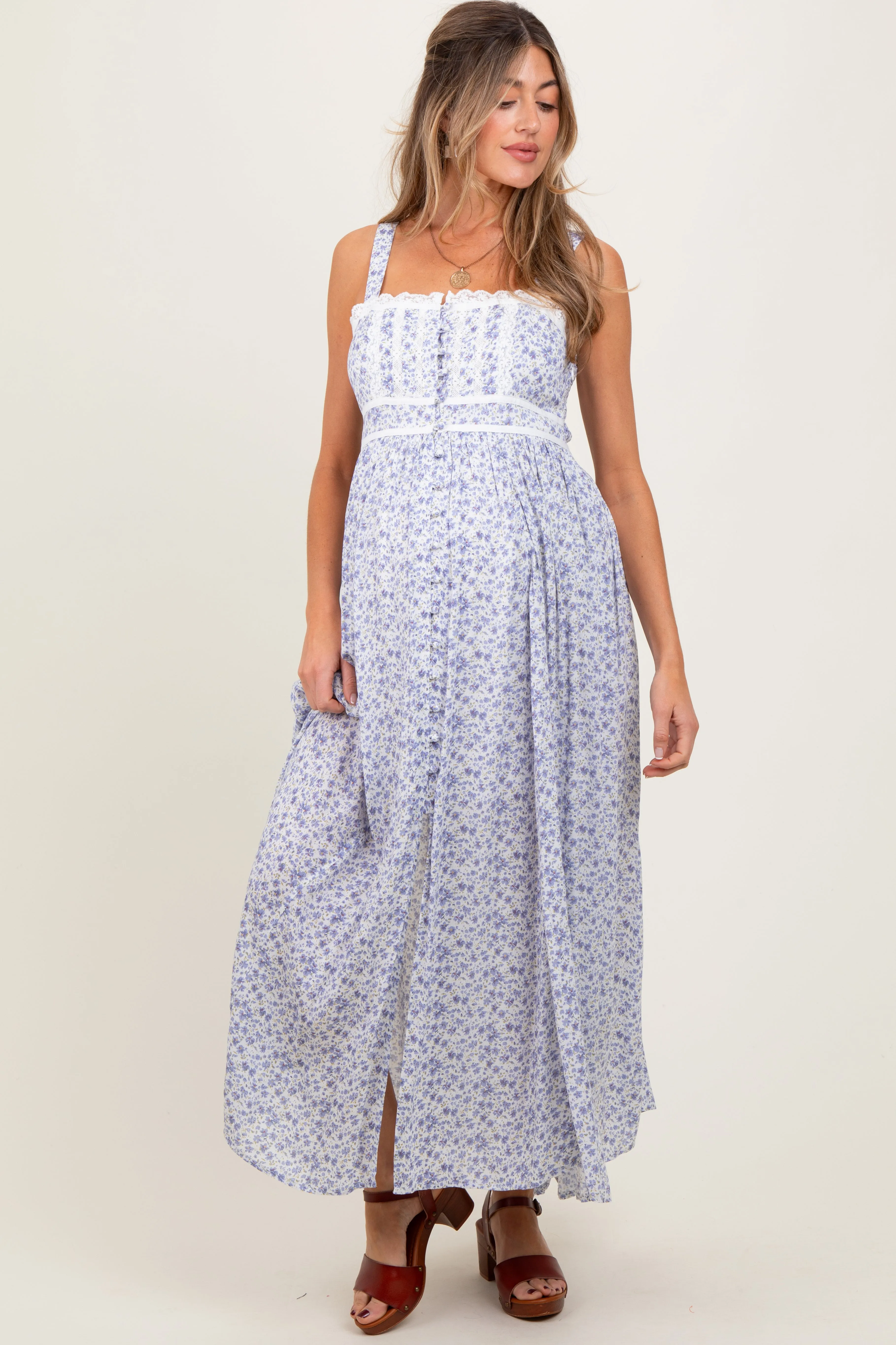 Light Blue Floral Button Down Sleeveless Maternity Maxi Dress sold by Pinkblush product image thumbnail 2