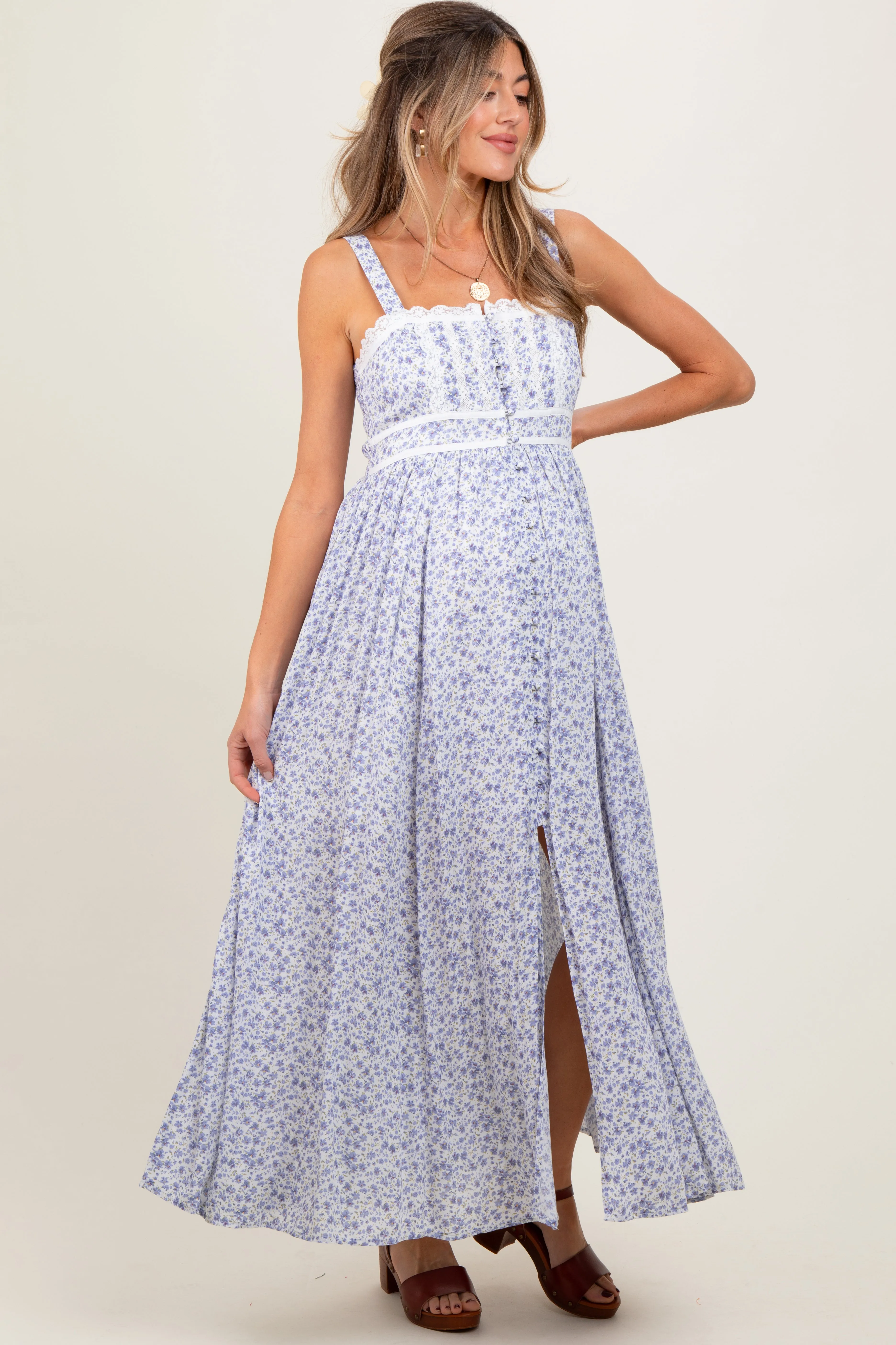 Light Blue Floral Button Down Sleeveless Maternity Maxi Dress sold by Pinkblush product image thumbnail 3