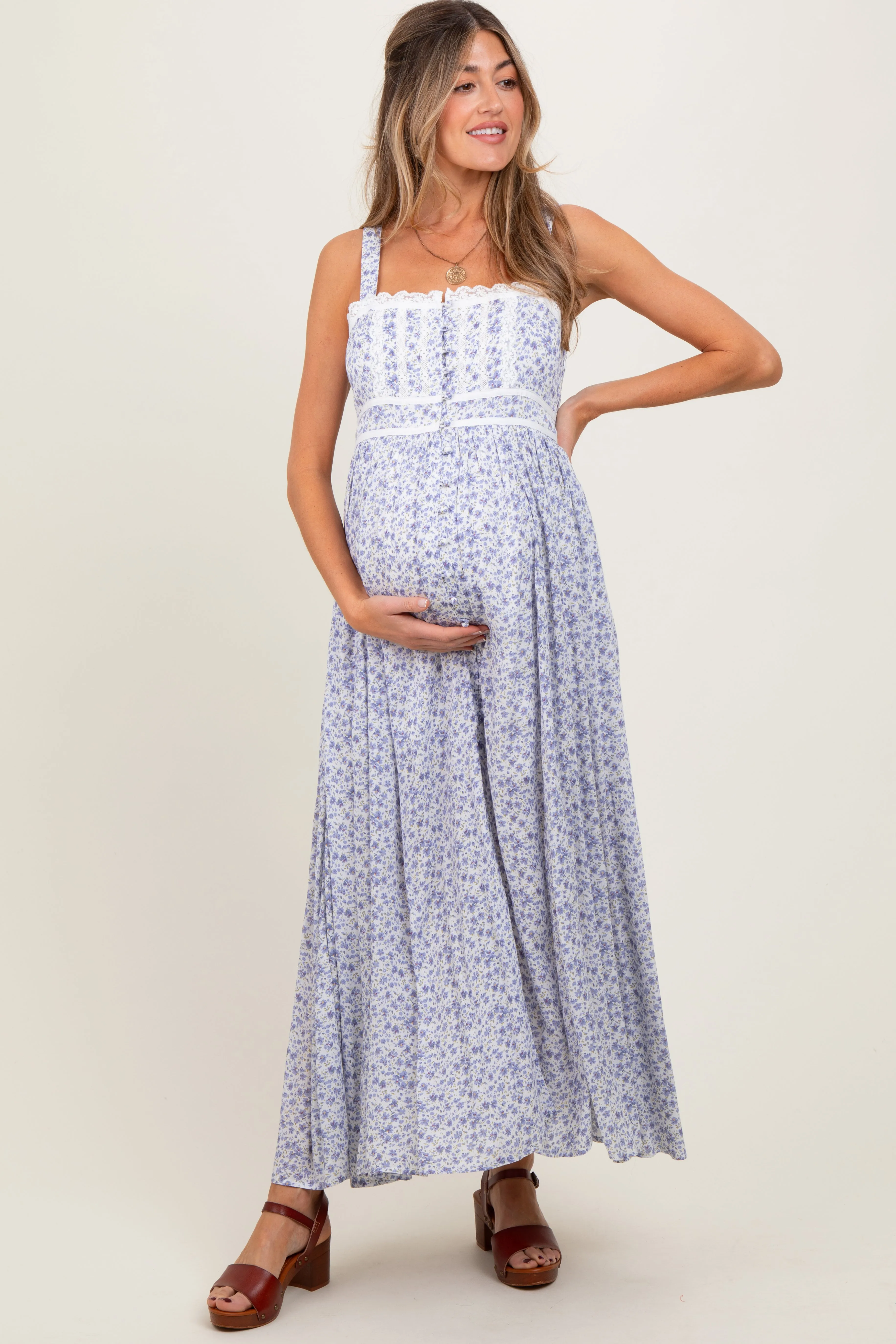 Light Blue Floral Button Down Sleeveless Maternity Maxi Dress sold by Pinkblush