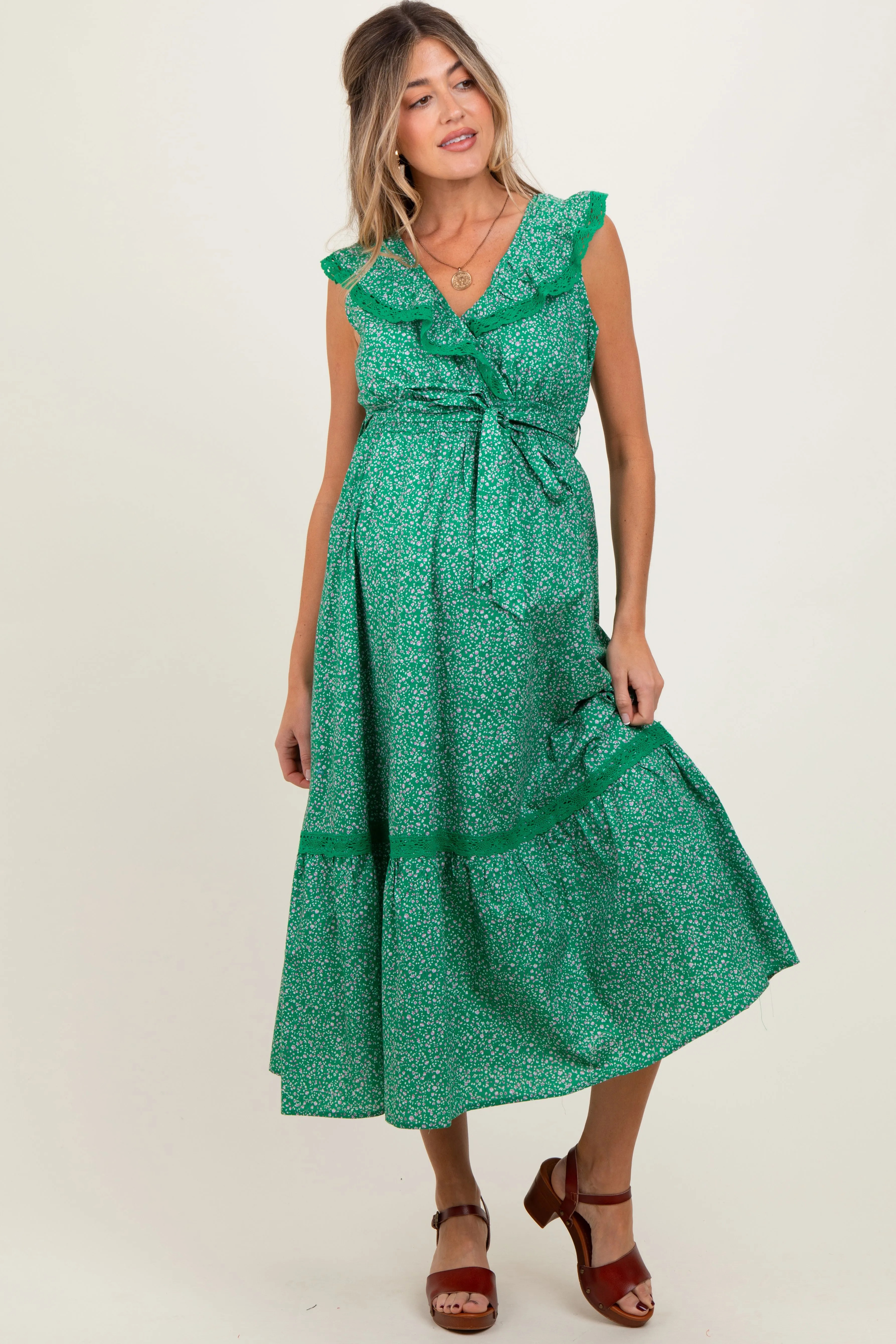 Green Ruffled Floral Cotton Maternity Maxi Dress sold by Pinkblush