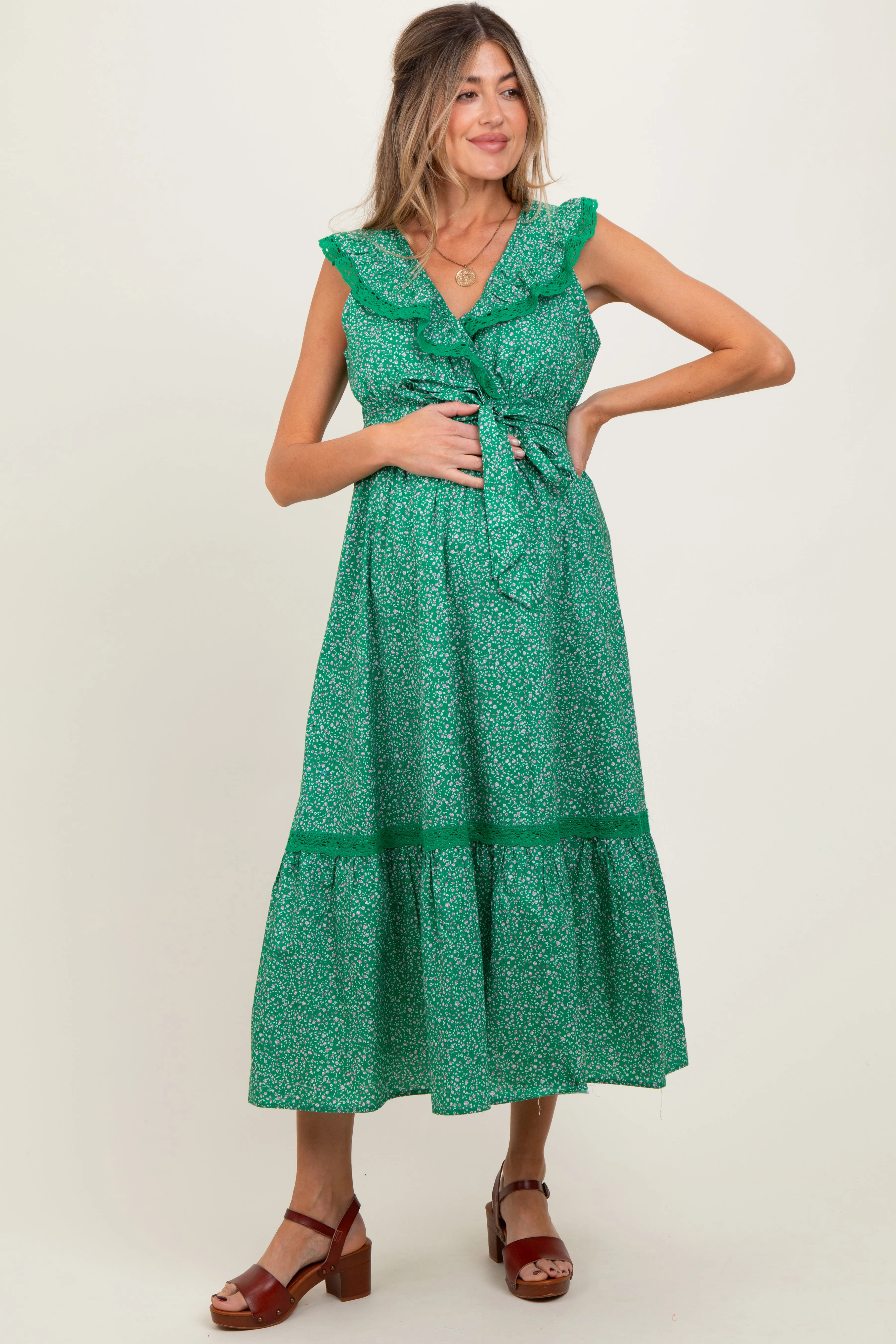 Green Ruffled Floral Cotton Maternity Maxi Dress sold by Pinkblush product image thumbnail 2