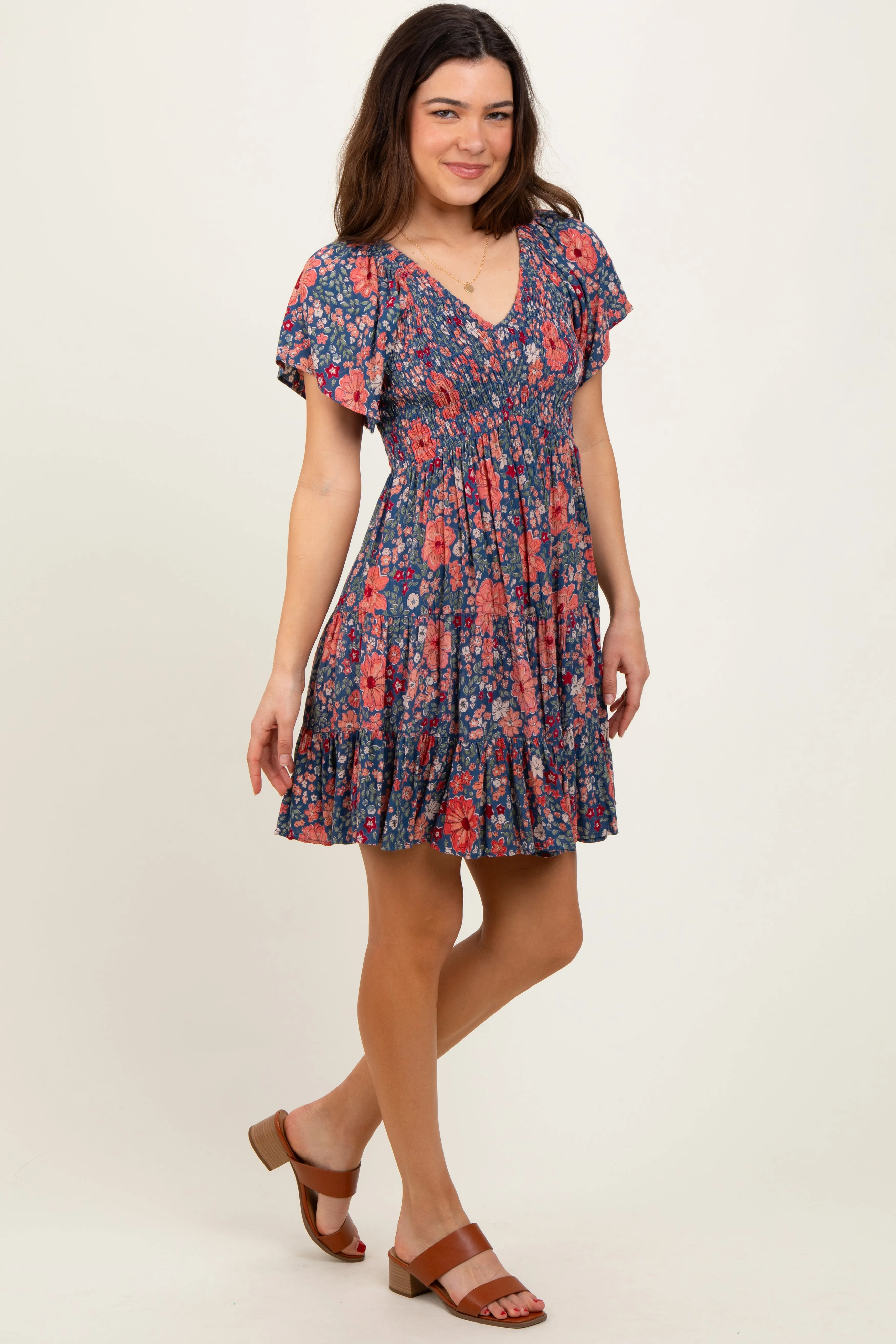 Blue Floral Smocked V-Neck Flutter Sleeve Dress sold by Pinkblush product image thumbnail 3