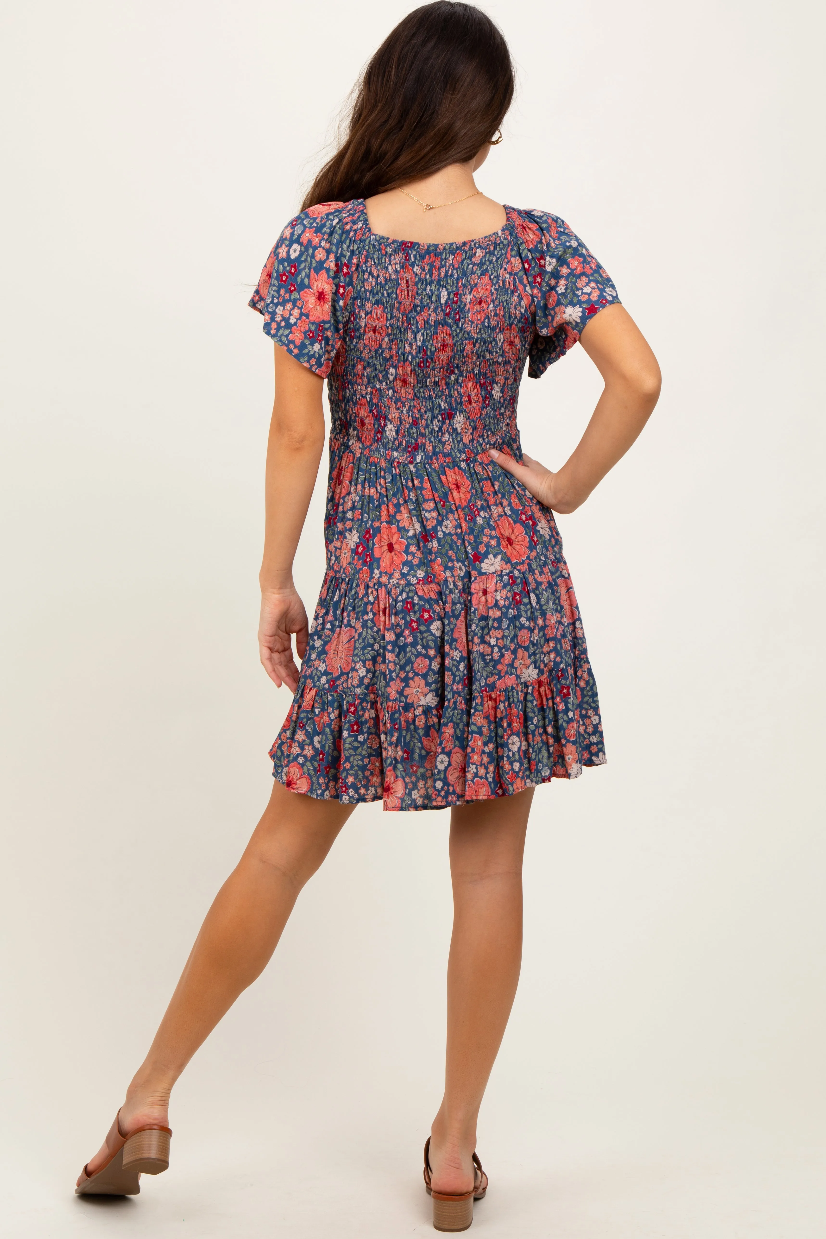 Blue Floral Smocked V-Neck Flutter Sleeve Dress sold by Pinkblush product image thumbnail 4