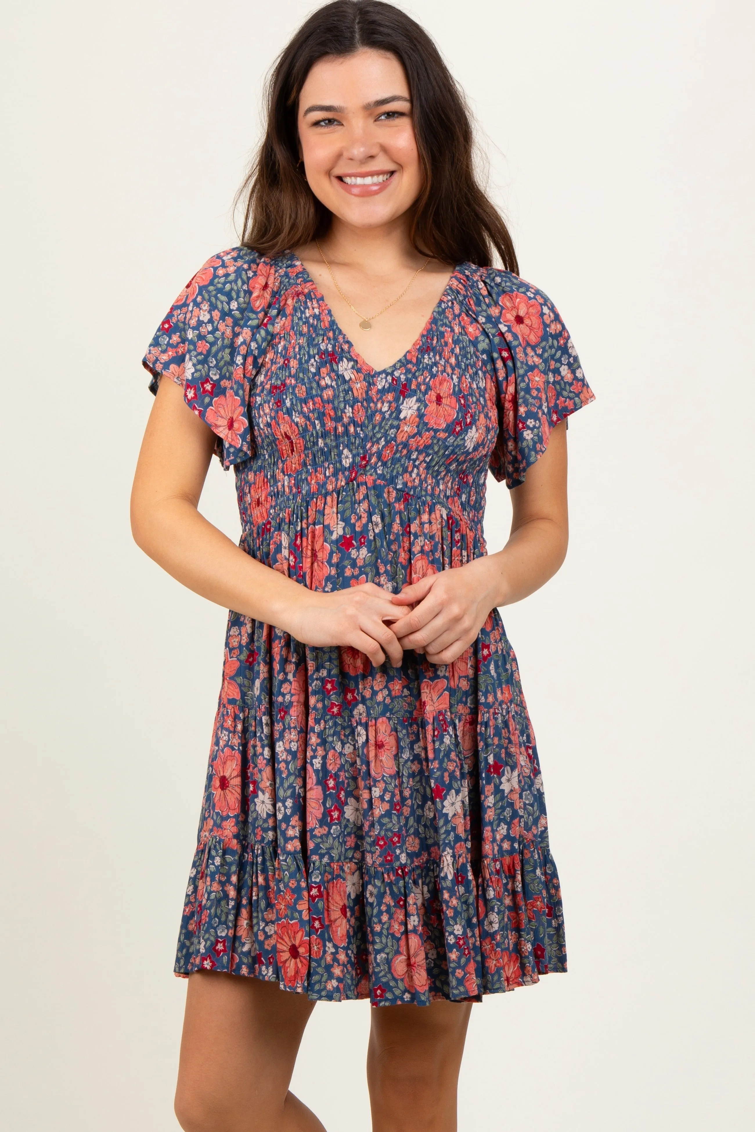 Blue Floral Smocked V-Neck Flutter Sleeve Dress sold by Pinkblush