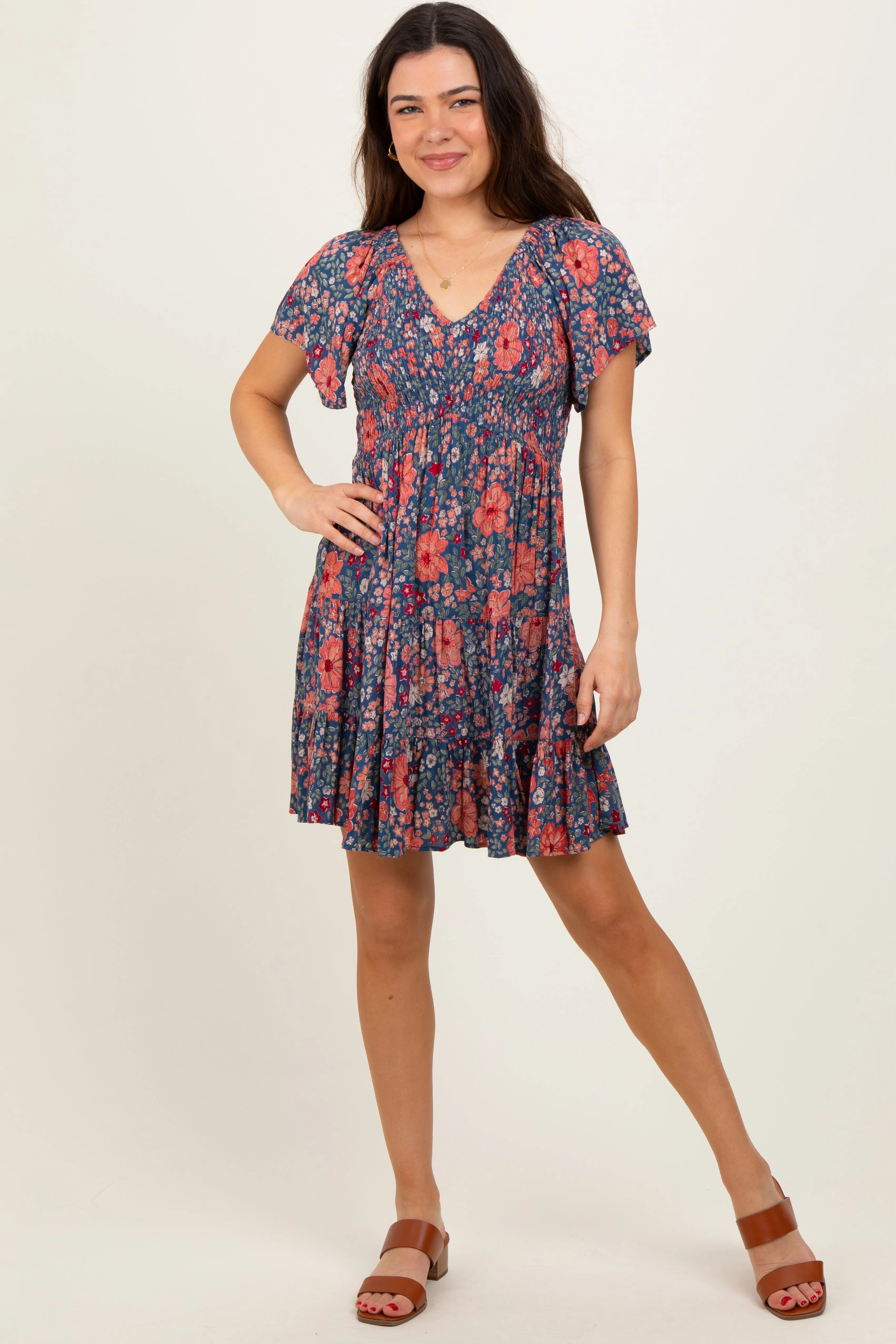 Blue Floral Smocked V-Neck Flutter Sleeve Dress sold by Pinkblush product image thumbnail 2