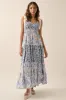 Blue Leaf Print Smocked Shoulder Tie Tiered Maternity Maxi Dress sold by Pinkblush