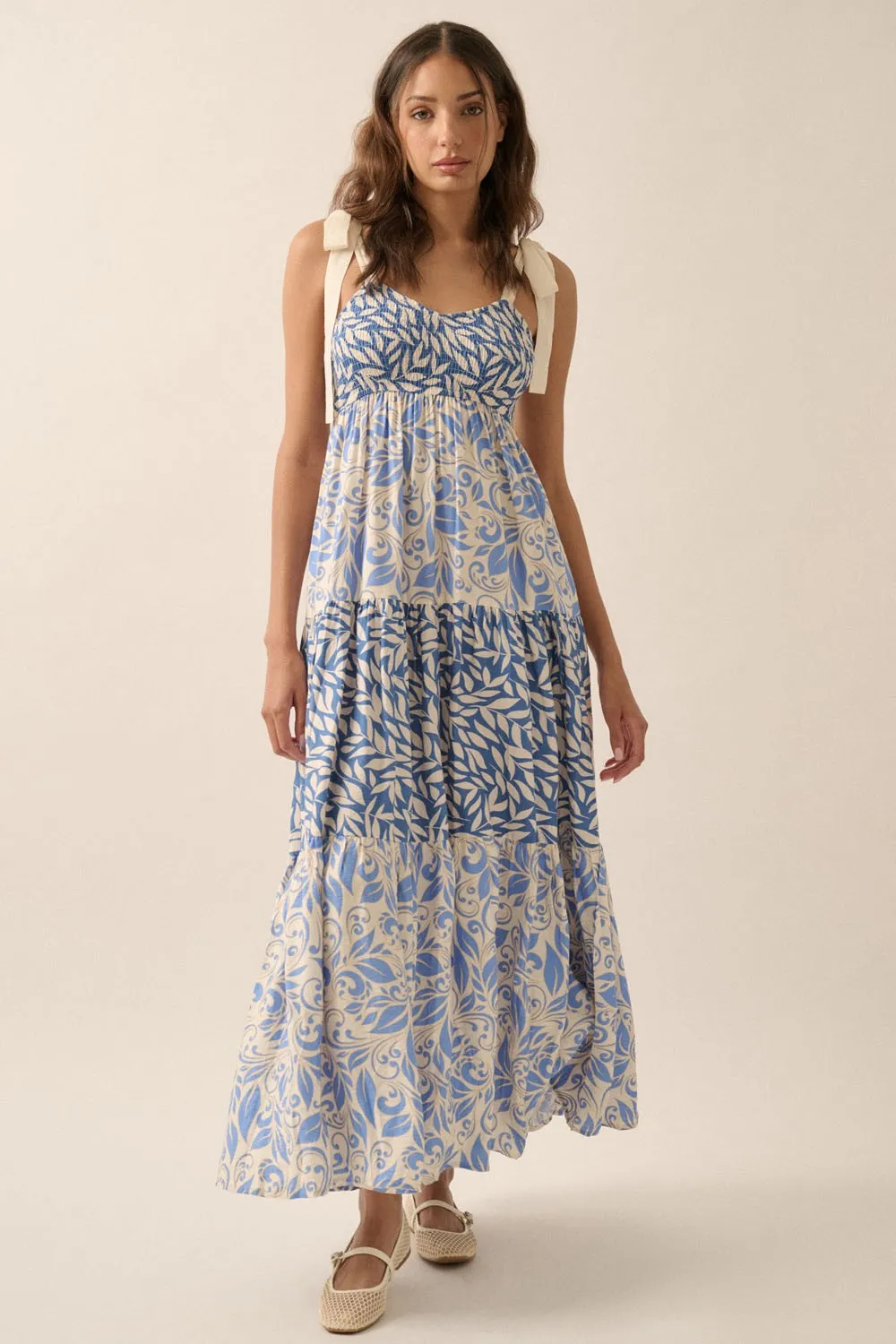 Blue Leaf Print Smocked Shoulder Tie Tiered Maternity Maxi Dress sold by Pinkblush product image thumbnail 5