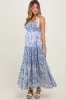 Blue Leaf Print Smocked Shoulder Tie Tiered Maternity Maxi Dress sold by Pinkblush