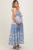 Blue Leaf Print Smocked Shoulder Tie Tiered Maternity Maxi Dress sold by Pinkblush