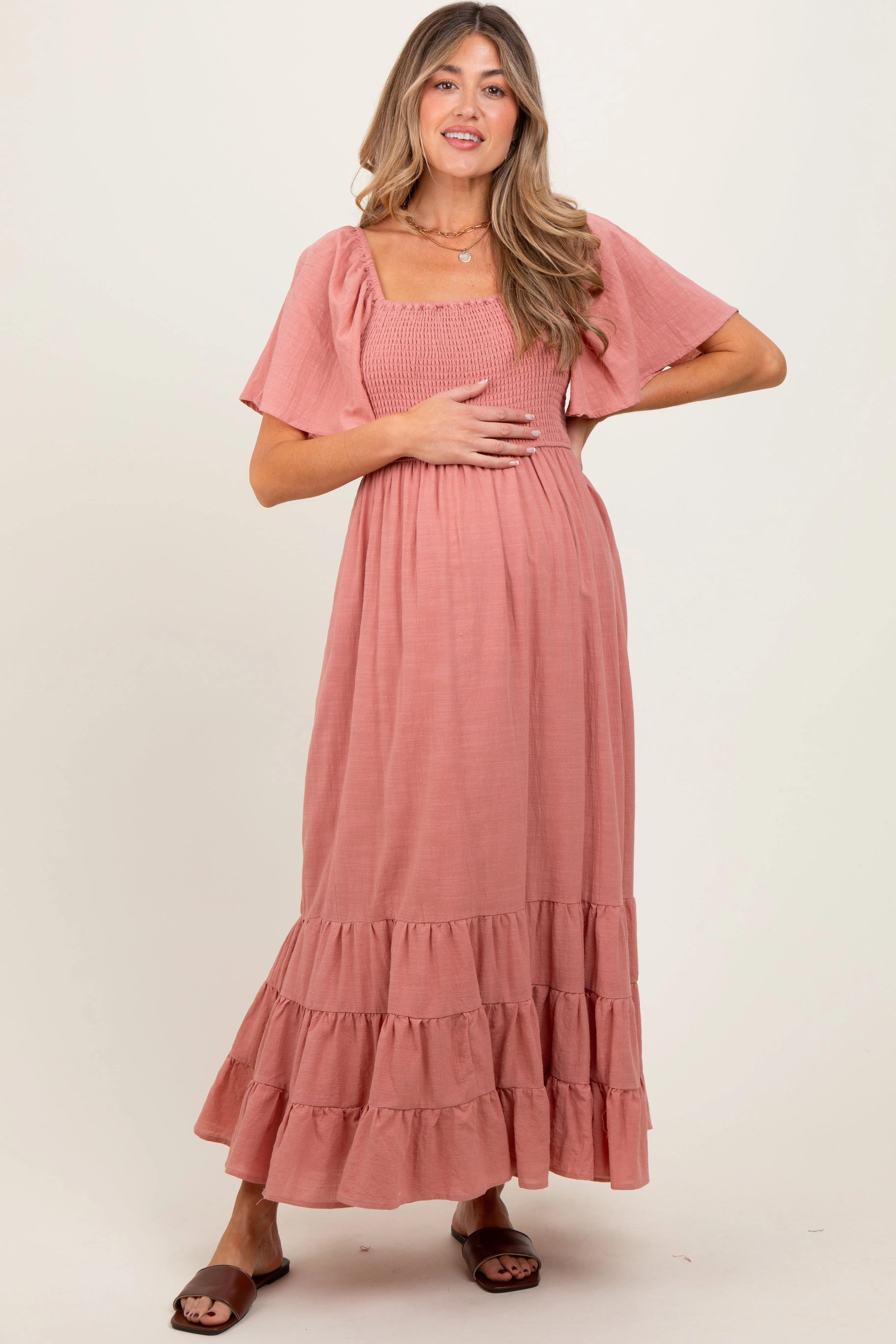 Mauve Smocked Cotton Flutter Sleeve Maternity Maxi Dress sold by Pinkblush