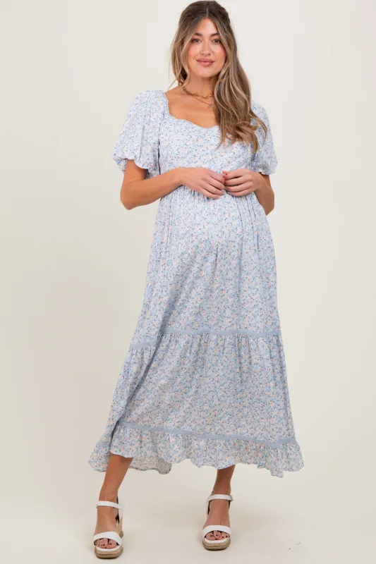 Light Blue Floral Sweetheart Maternity Maxi Dress sold by Pinkblush