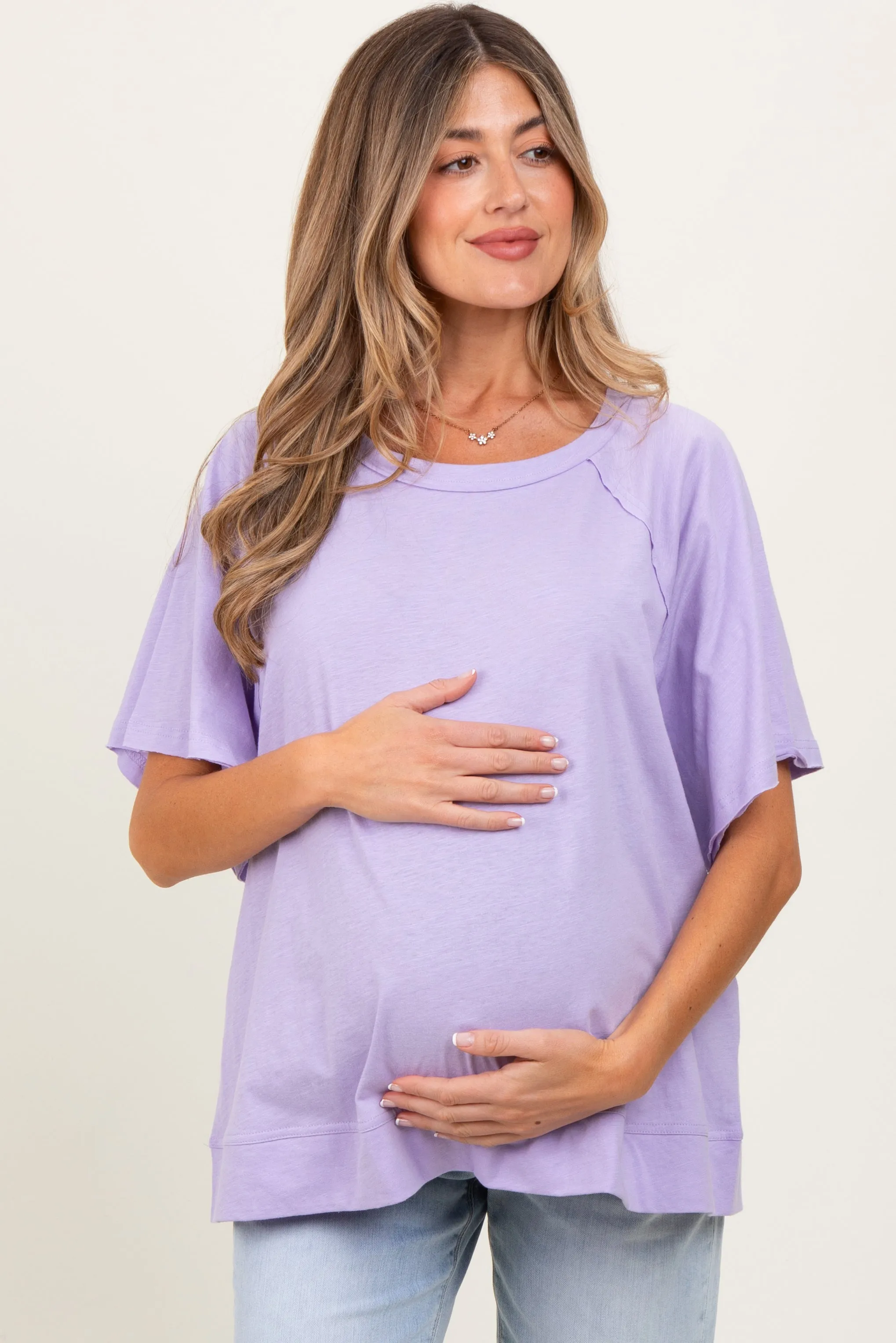 Lavender Oversized Raw Hem Short Sleeve Maternity Tee sold by Pinkblush