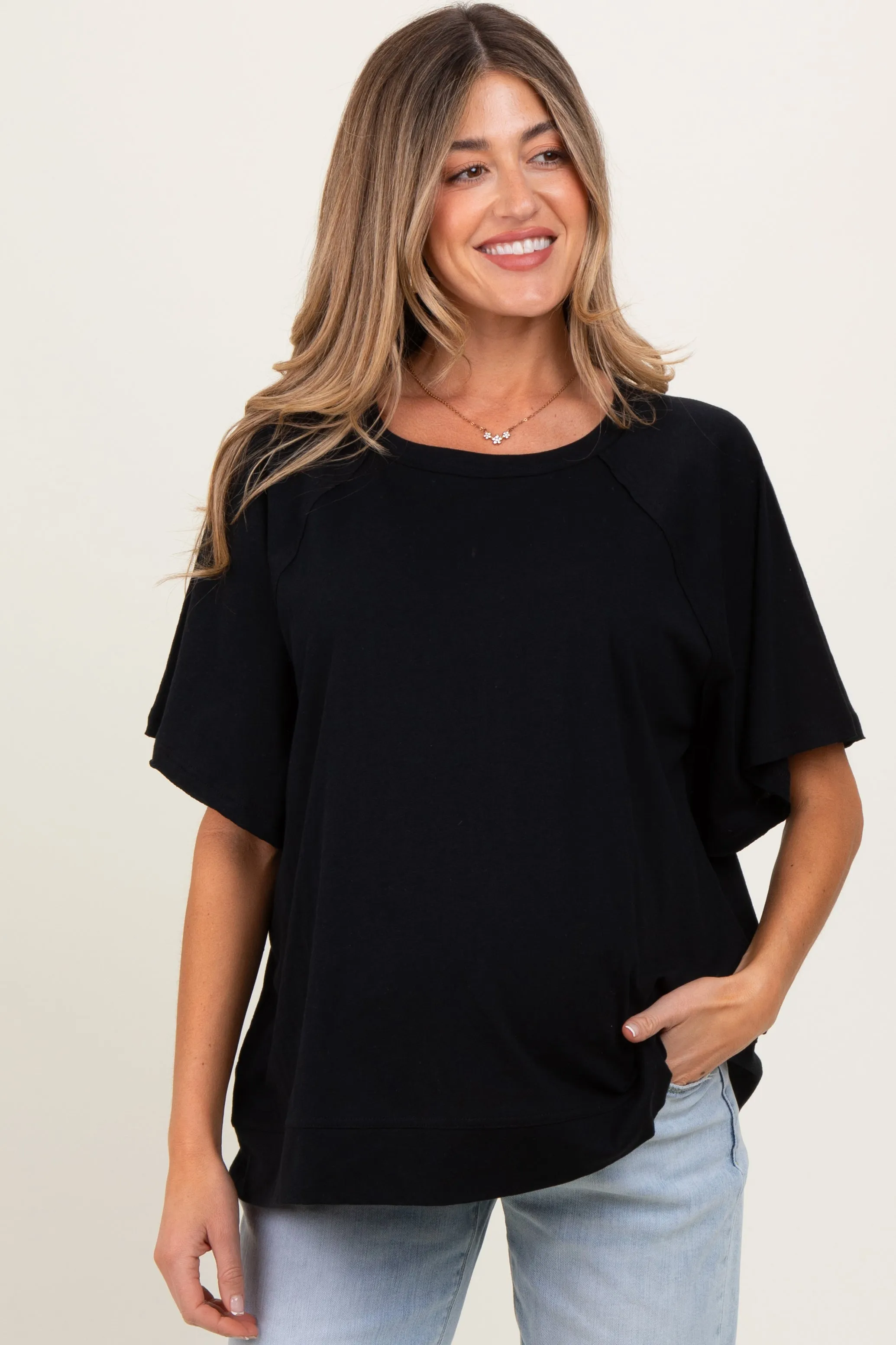 Black Oversized Raw Hem Short Sleeve Maternity Tee sold by Pinkblush