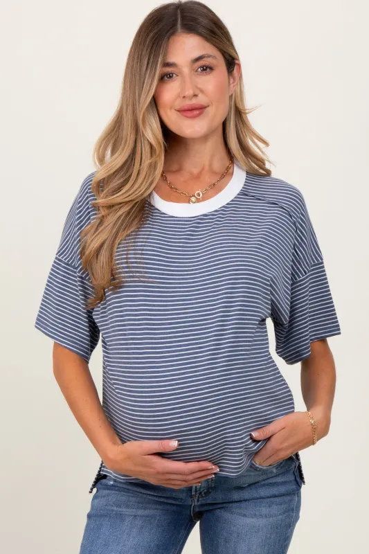 Light Navy Striped Drop Shoulder Short Sleeve Maternity Top sold by Pinkblush