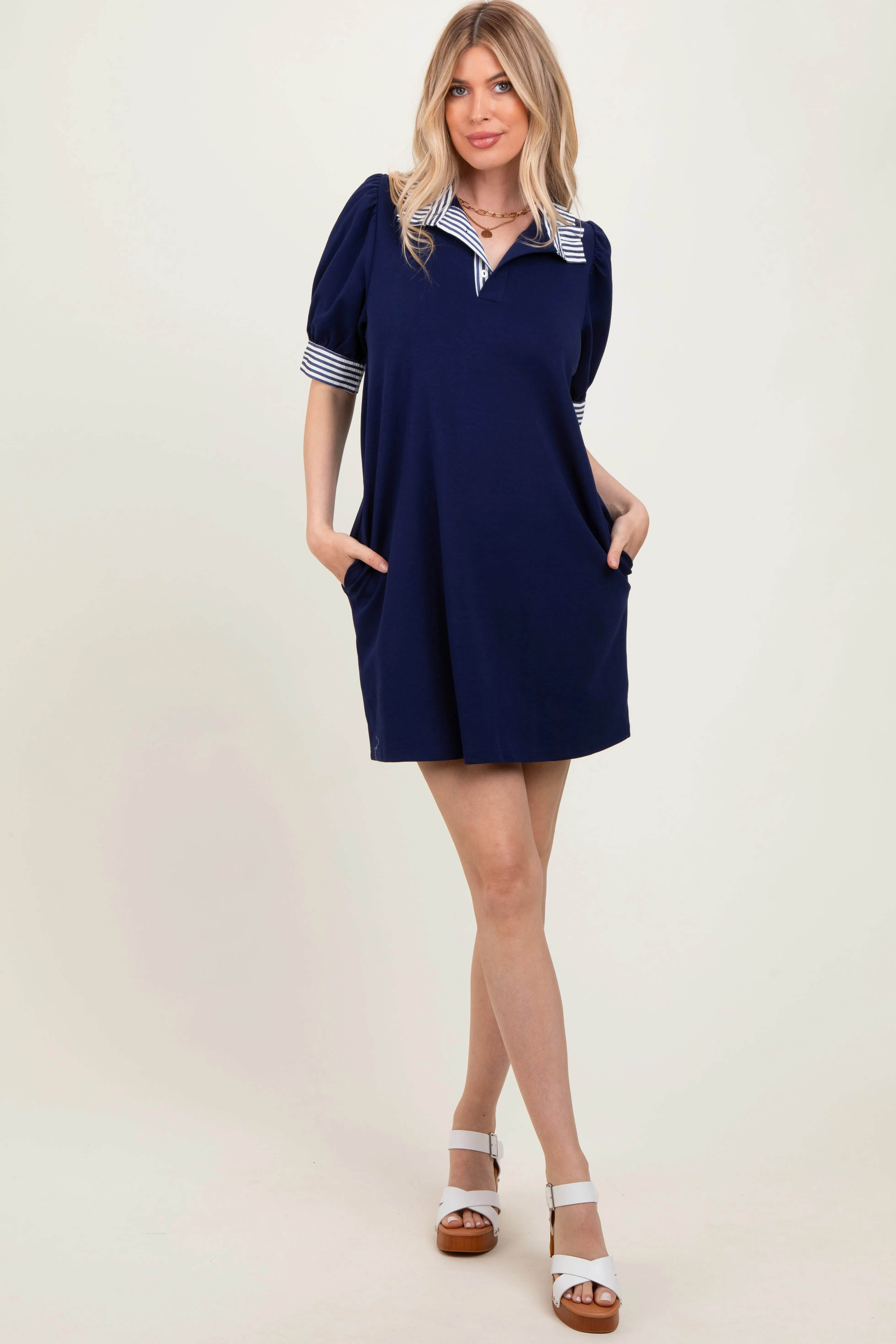 Navy Mock Neck Contrast Striped Trim Mini Dress sold by Pinkblush product image thumbnail 2