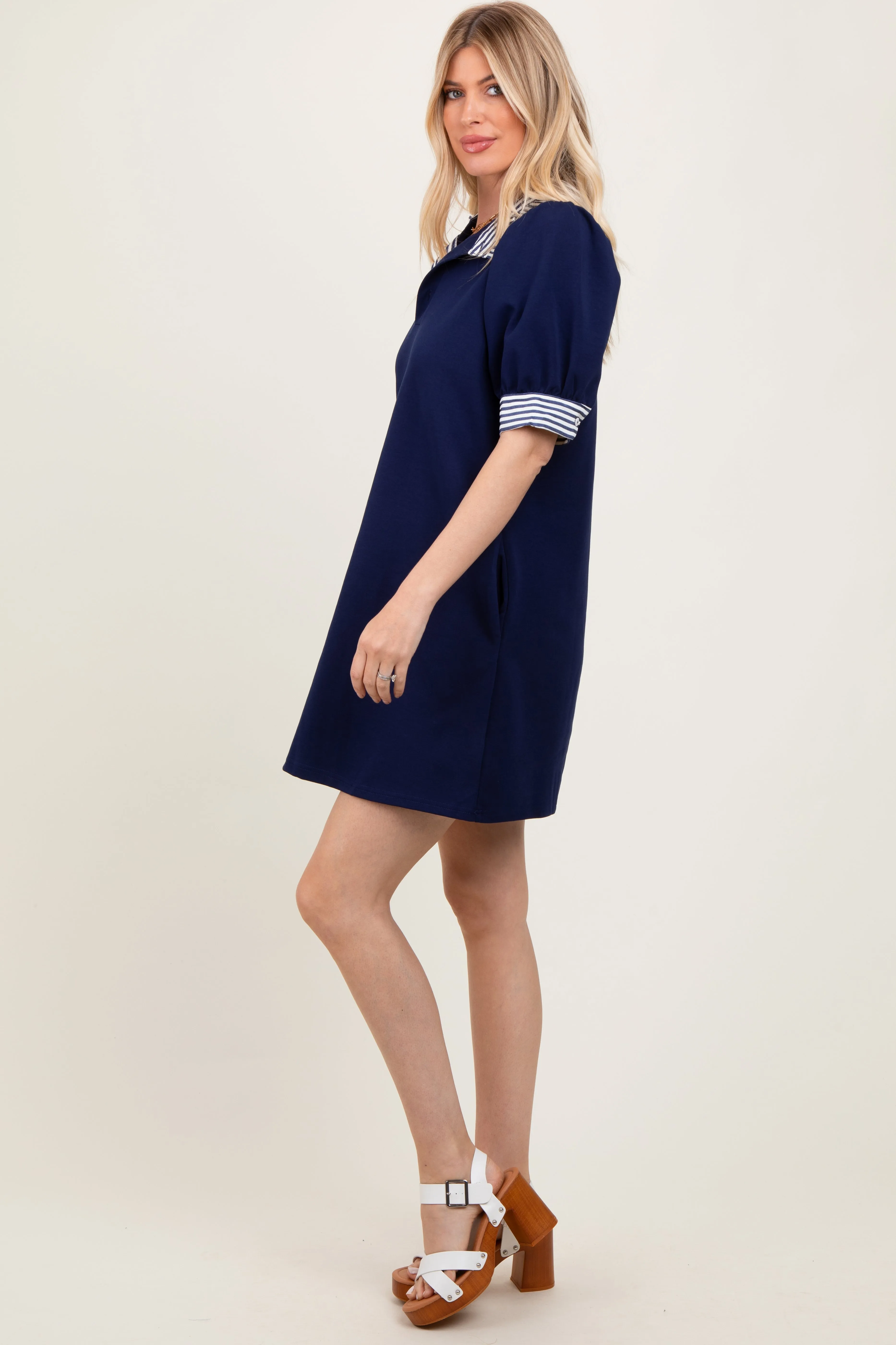 Navy Mock Neck Contrast Striped Trim Mini Dress sold by Pinkblush product image thumbnail 3