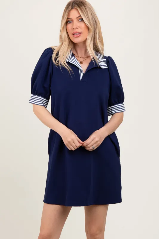 Navy Mock Neck Contrast Striped Trim Mini Dress sold by Pinkblush
